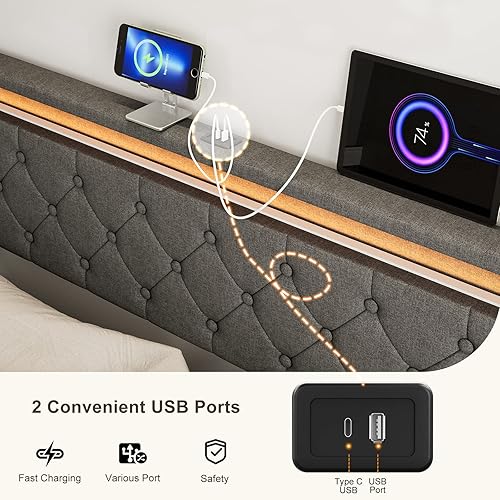 Miniatura 13 de IKIFLY Cabecera tapizada tamaño Queen con luces LED y 2 puertos USB, altura ajustable, cabecera acolchada de tela de lino con botones, fácil