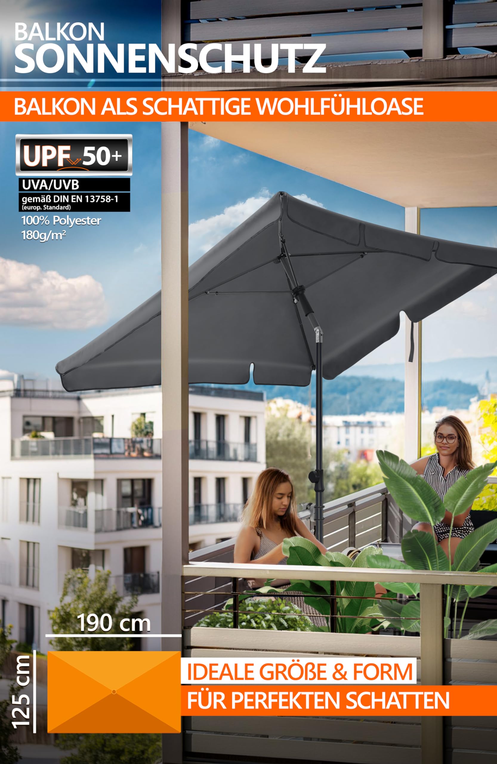 4smile Sonnenschirm Balkon 3-in-1 SET Anthrazit - Rechteckig 200x125cm Mit UV50+ Schutz