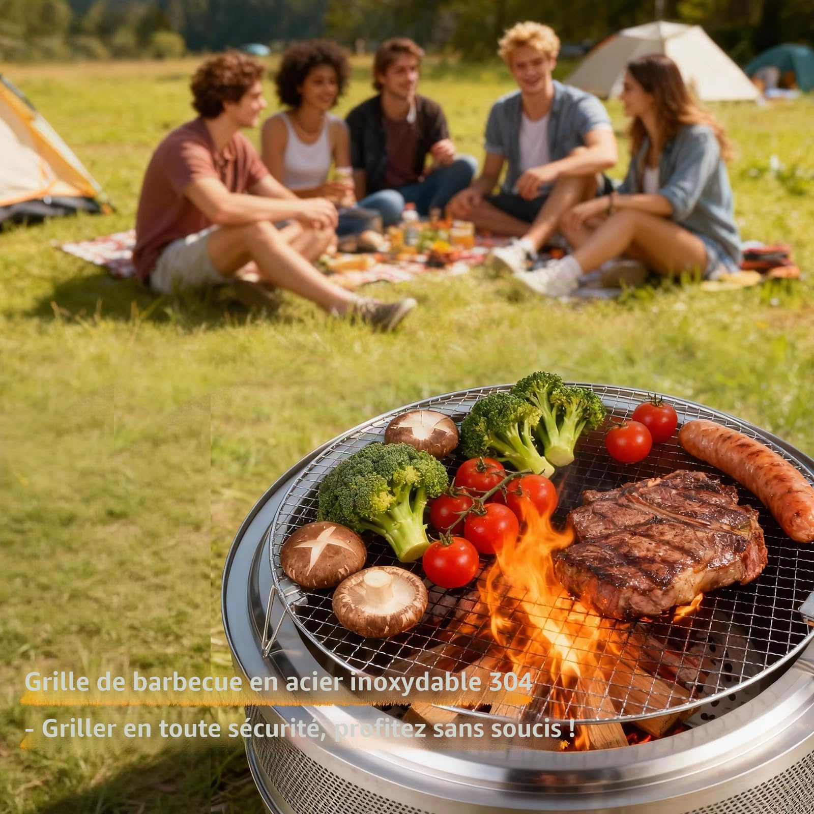 SMOOL Brasero portable sans fumée de 50 cm en acier inoxydable avec grille de barbecue, tisonnier et sac polyvalent, bac à cendres amovible, foyer idéal pour terrasse, jardin, camping et extérieur