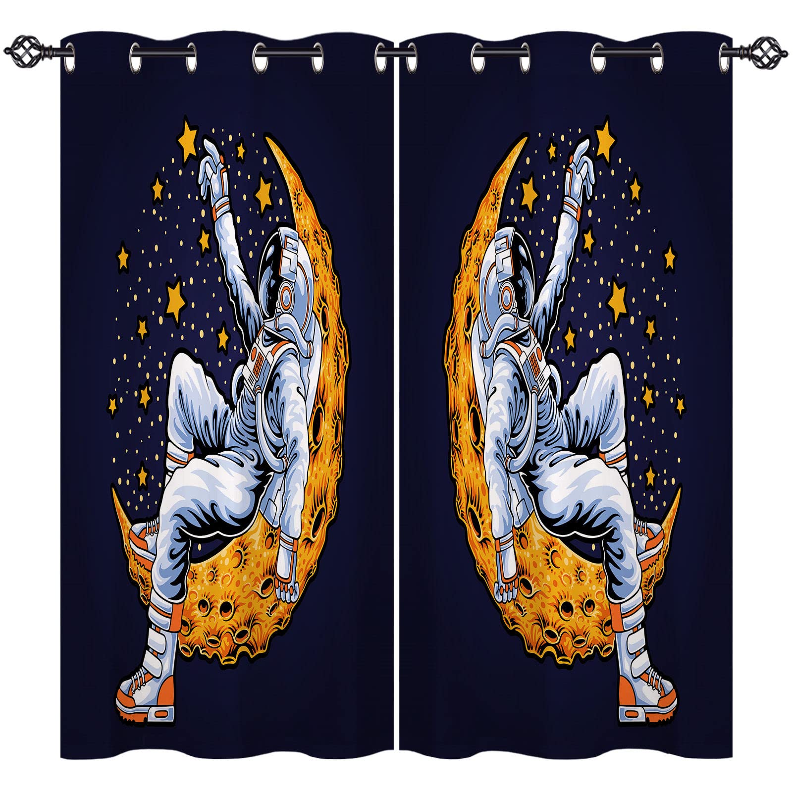 ANHOPE Astronaut Curtains Eyelet 80% Blackout Room Darkening Curtains with Space Planet Moon Star Print Pattern Thermal Insulated Window Drapes for Kids Bedroom Living Room 46 x 54 Inch Drop 2 Panels