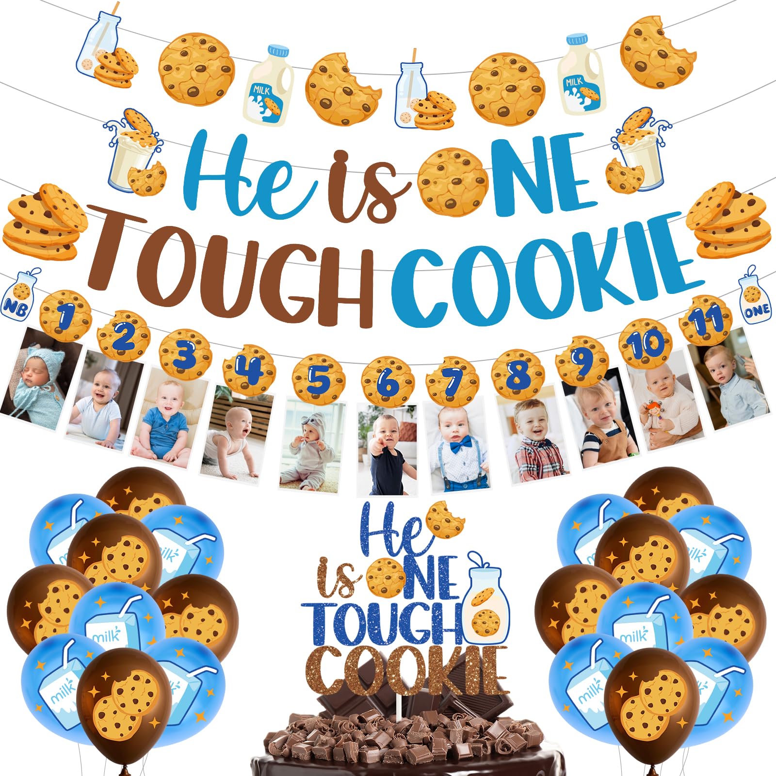Milk & Cookies 1st Birthday Decorations - He Is One Tough Cookie Banner & Balloon Set