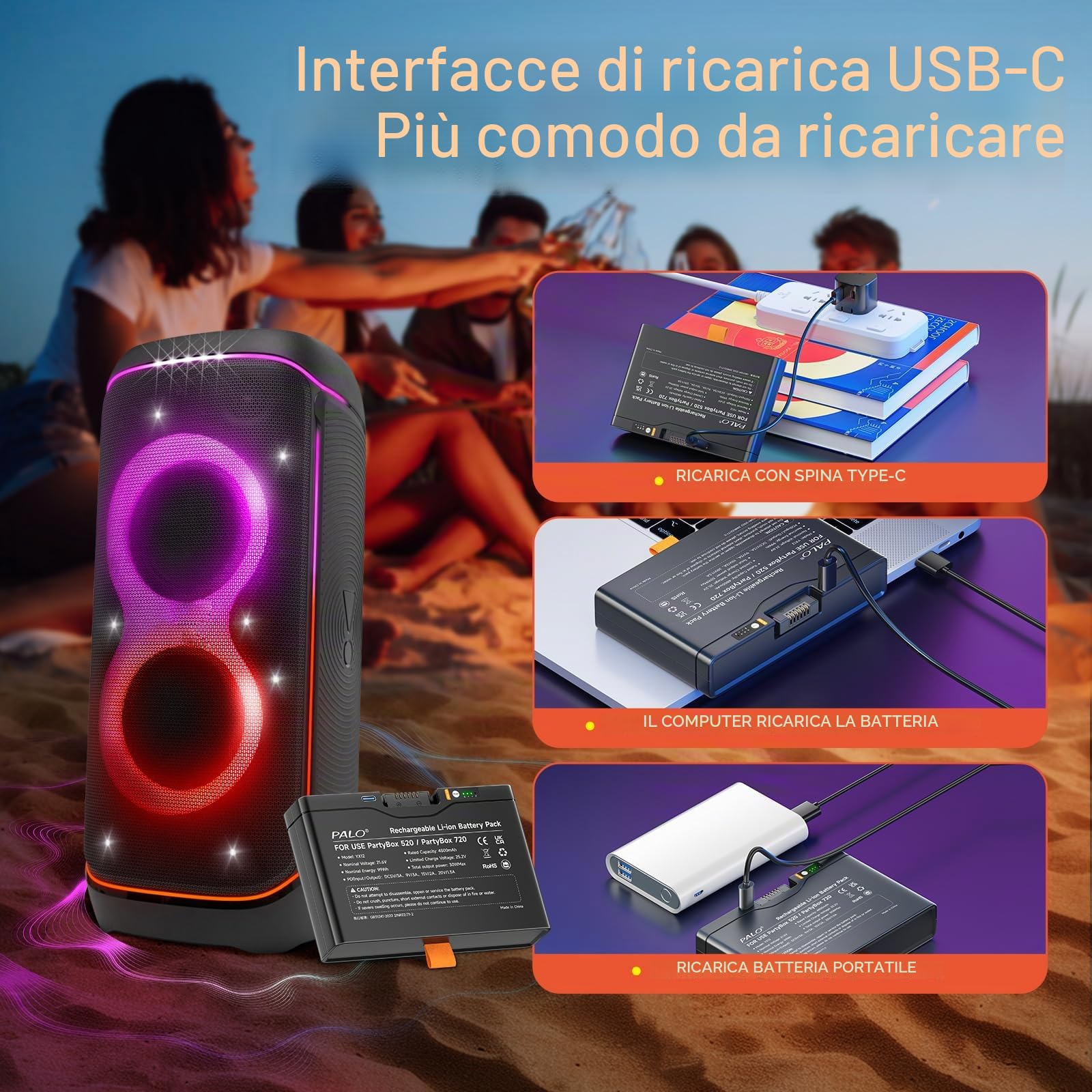 4800mAh Batteria 600 per -JBL Partybox Stage 520, Partybox Stage 720, Boombox 4 - PD 30W Batteria a carica rapida con uscita/ingresso USB (1Pcs)