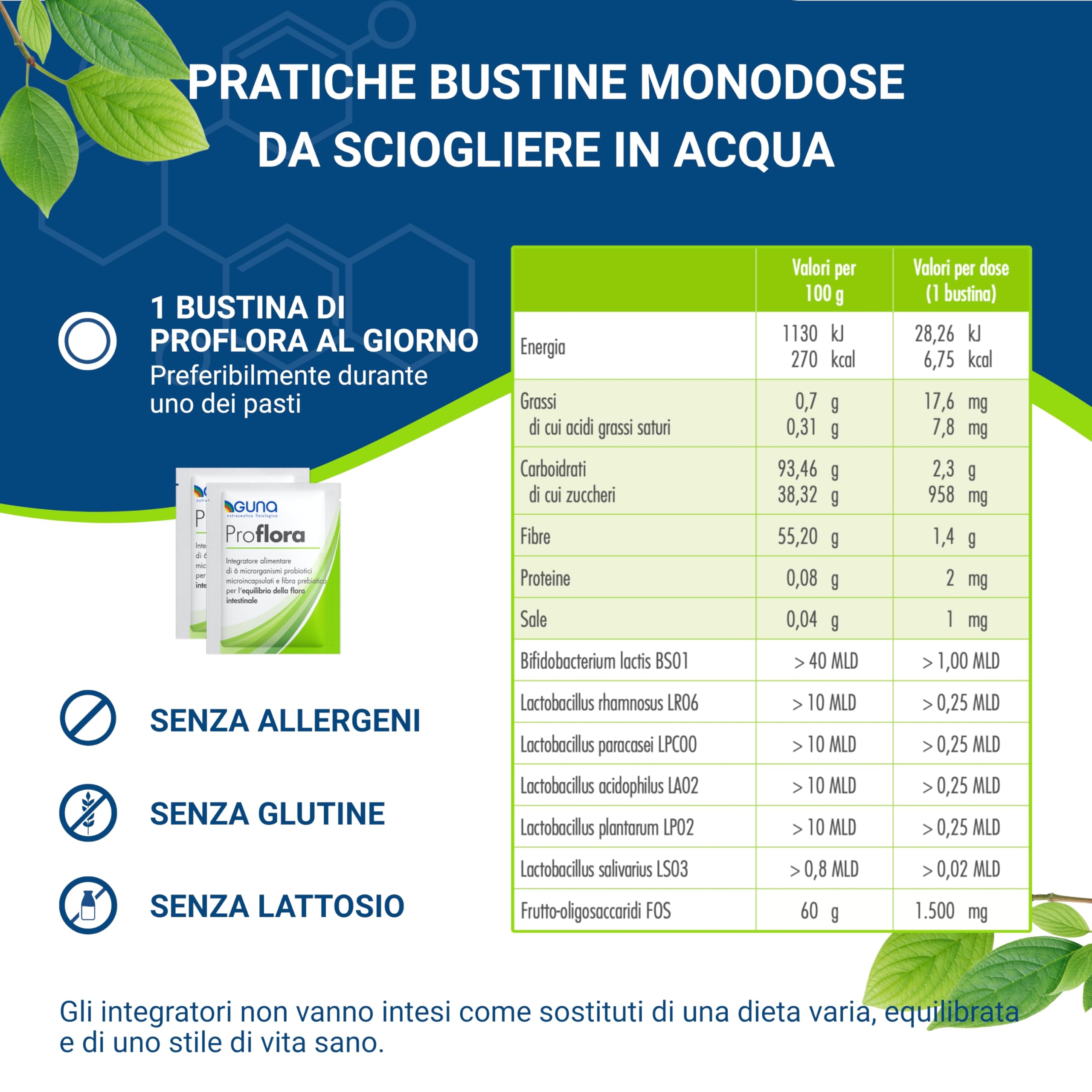 Guna Proflora 30 Bustine -Integratore Alimentare di Microrganismi Probiotici Microincapsulati