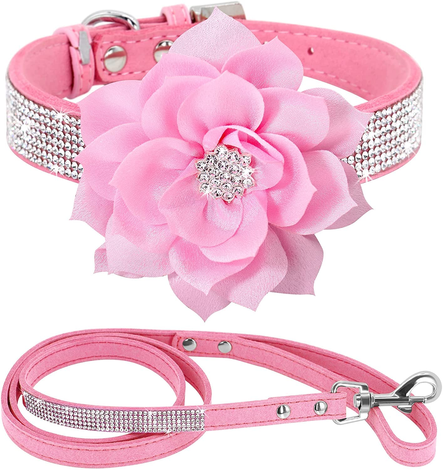 haoyueer Cute Dazzling Sparkling Elegant Fancy Soft Suede Leather Bling Rhinestone Crystal Jeweled Pet Cat Dog Puppy Collar Dog Leash Combo Set (XS, Pink-1) — view 10