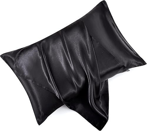 Juego de 2 fundas de almohada de satén negro estándar con cierre de sobre, funda de almohada de seda negra para cabello y piel (20 x 26 pulgadas)