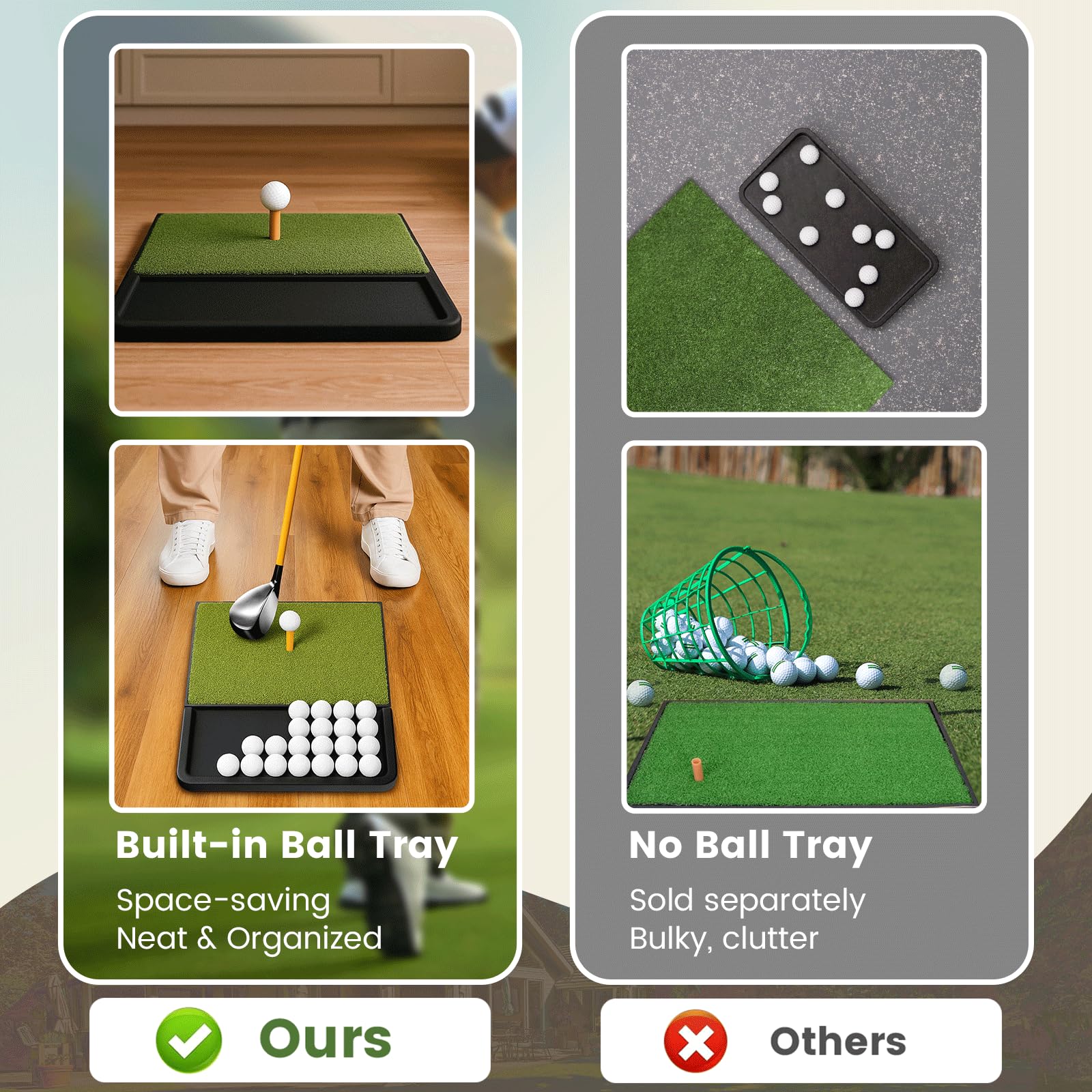 Golf Abschlagmatte mit Ballablage – Trainingsmatte für Garten, Balkon & Driving Range, rutschfest mit Gummi-Tee für Driver, Eisen & Chippen