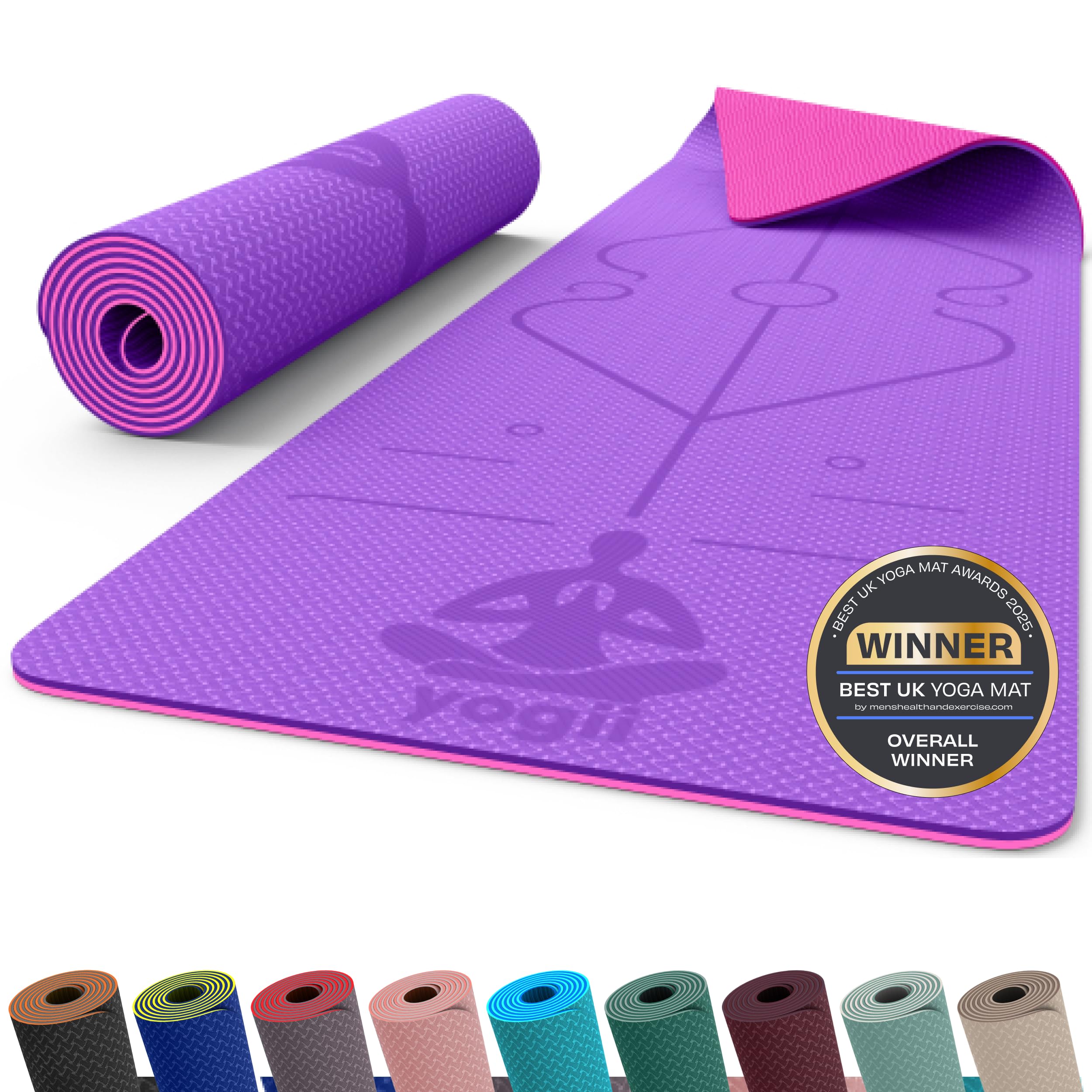 Yogii Yoga Mat - Non-Slip 6mm Thick TPE & Travel-friendly Yoga Mat - Perfect for Home & Gym Exercise Fitness & Pilates - With Laser Alignment Guides for Men & Women