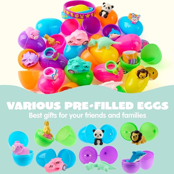 JOYIN 100 Pcs Prefilled Easter Eggs With Assorted Toys Plus Stickers Inside, Stuffed Eggs with Diverse toys for Easter Egg Hunt, Kids Basket Stuffers Fillers, Party Favors, Classroom Prize Supplies