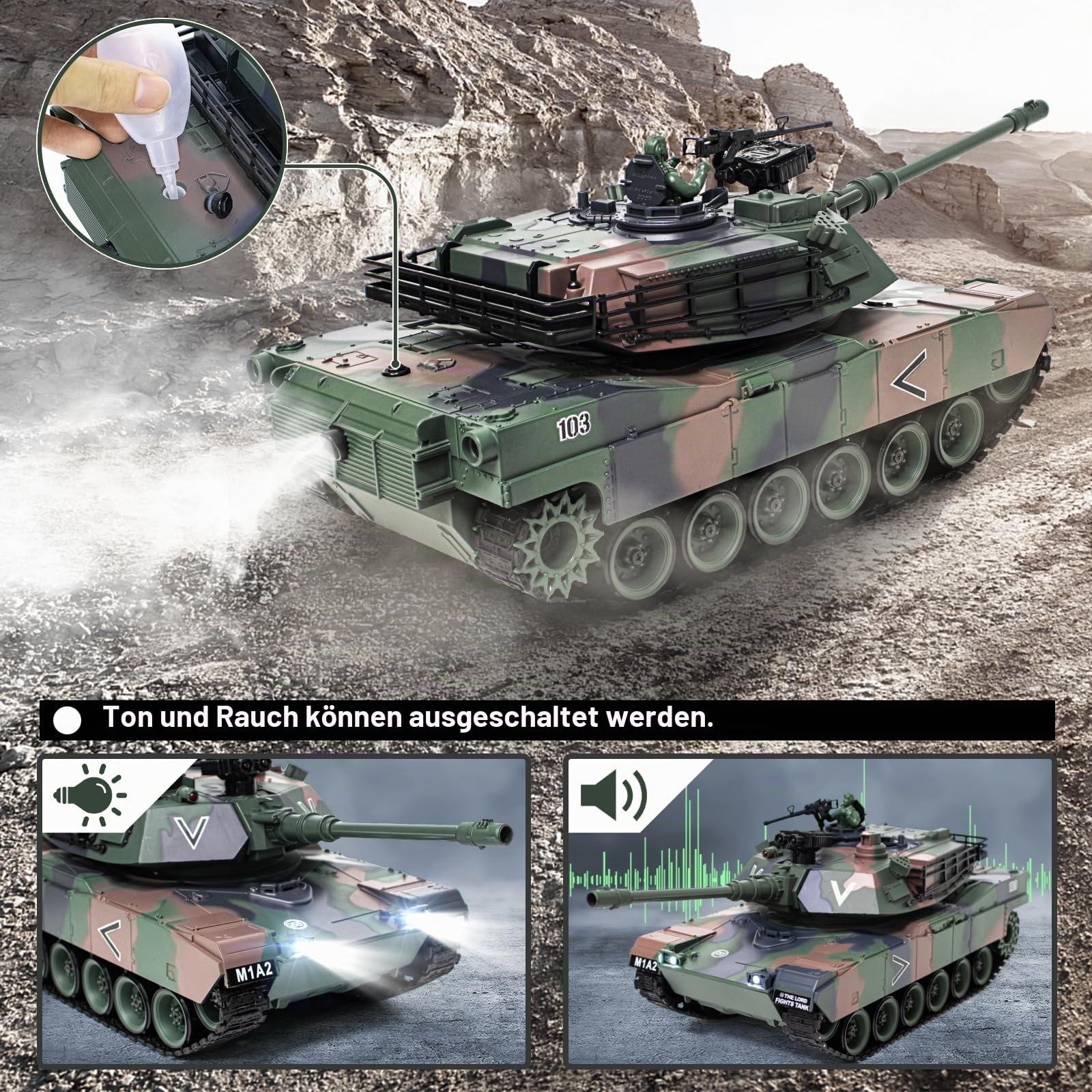 Supdex RC Panzer 1/18 USA M1A2 Abrams Armeegrün, 2.4GHz Panzer Ferngesteuert mit Schussfunktion, WW2 Panzer Modell, Kampfpanzer mit Rauch, Spielzeug mit Licht und Sound für Erwachsene und Kinder