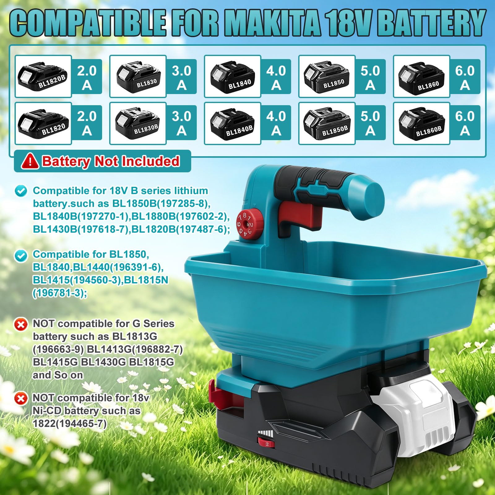 ConBlom Akku Düngerstreuer kompatibel mit Makita 18V Akku (ohne Akku)