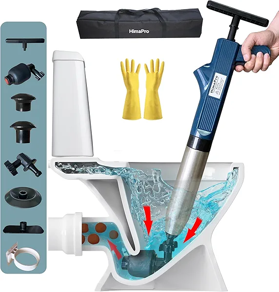 HimaPro High Pressure Toilet Plunger Air Drain Blaster Kit Blue Handle - Unclog Toilets, Kitchen Sinks, Shower Drains, and Pipes with Ease - Bonus Rubber Gloves Included