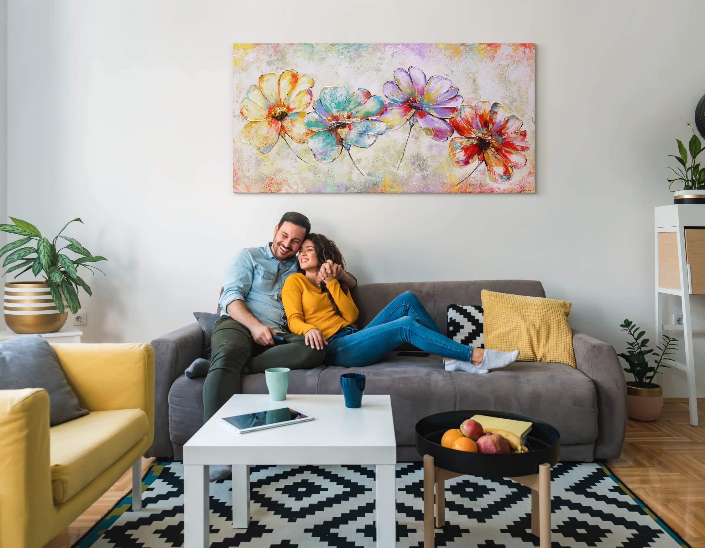 YS-Art Acryl Gemälde auf Leinwand handgemalt Blumen Leinwandbild Abstrakt Wanddeko Wohnzimmer Kunst 120x60 cm