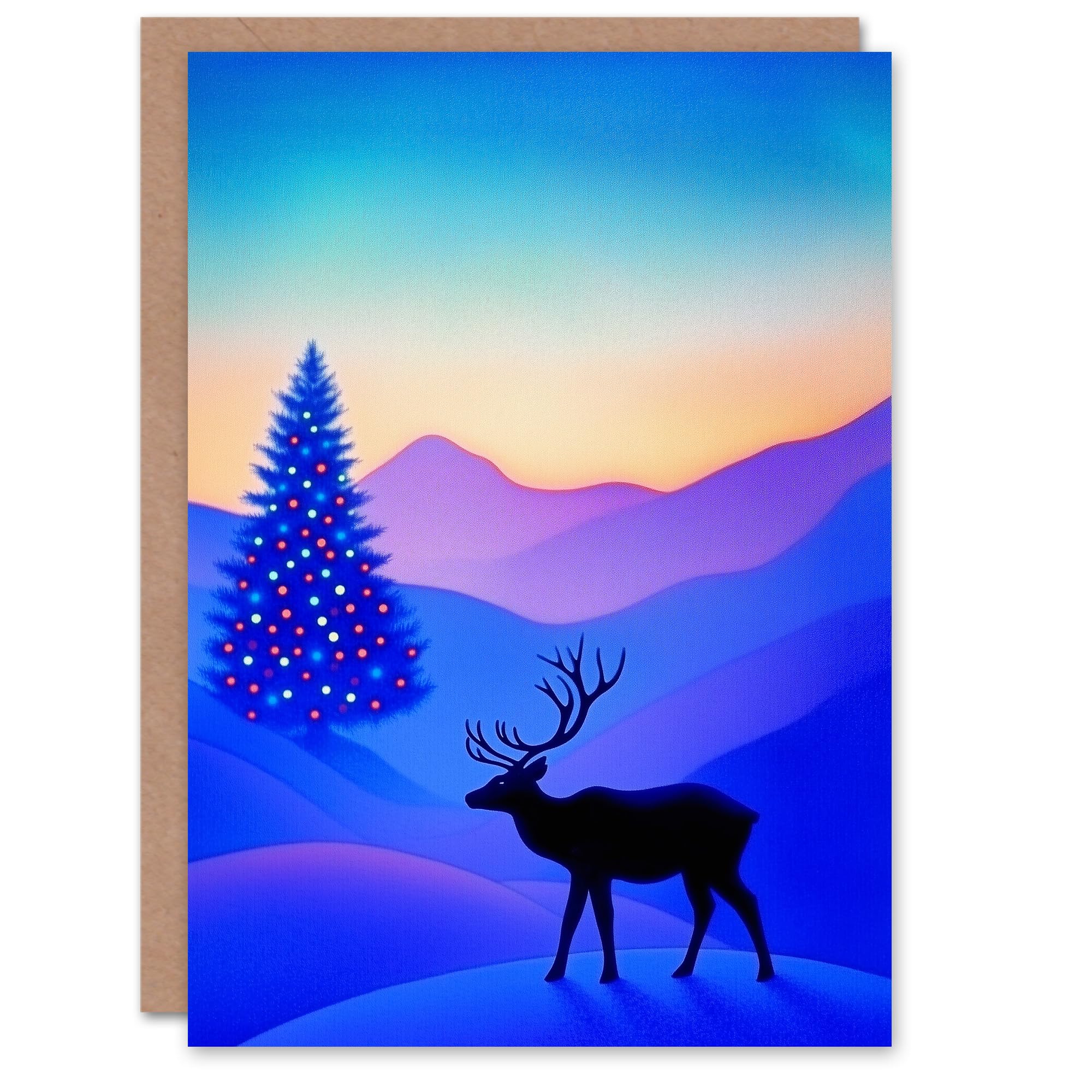 Wee Blue Coo Greeting Card Reindeer Decorated Tree Winter Wonderland Sunrise Blank For Him Or Her Art Xmas Christmas Card