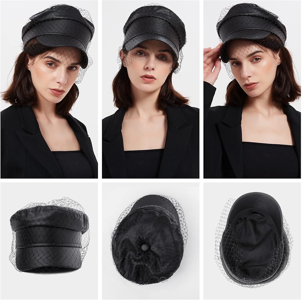Beret Hats for Women PU Leather Newsboy Fiddler Cap with Veil