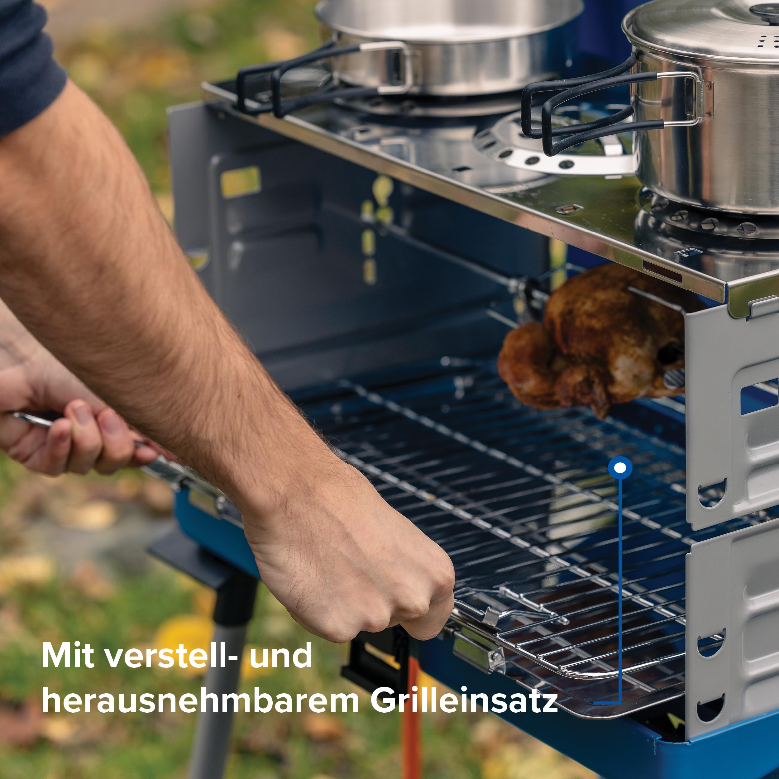 Campingaz Camping Grill Pueblo IV 200 SGR, Gasgrill Camping mit abnehmbaren Füßen, tragbarer Grill und 3-fach Kocher in einem Koffergrill, inkl. Drehspieß, 5.200 Watt, 72,5 x 54 x 108 cm