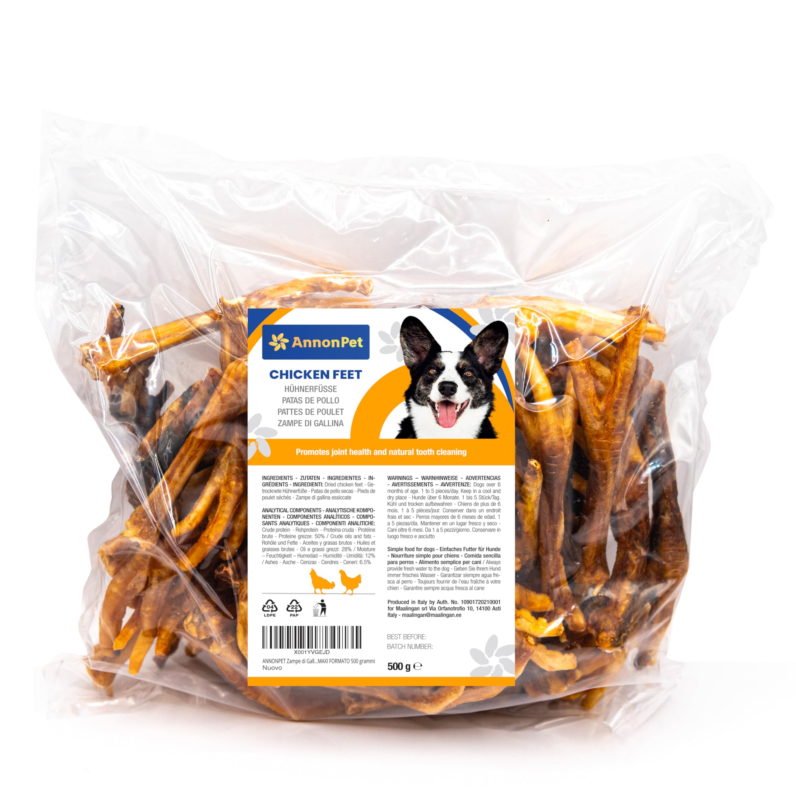 ANNONPET® Patas DE Pollo SECADAS. Snack para Perros sin Gluten, Ideal como premieto y para el adiestramiento del Perro. Masticativos Maxi Formato 500 Gramos