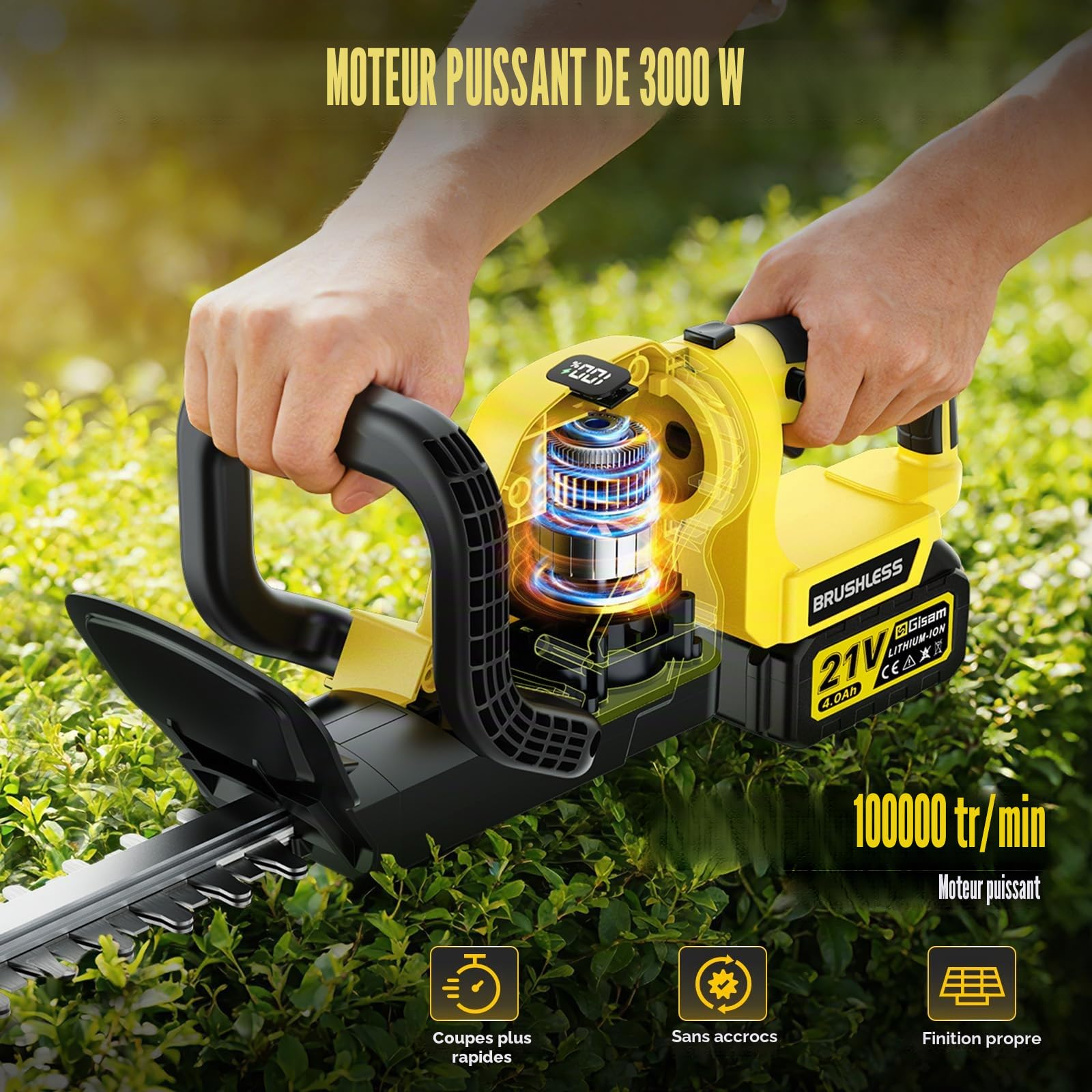 Taille-Haie Sans Fil 22 Pouces, Moteur Sans Balais 3000 W, 2 Batteries 4,0 Ah, Lame SK5 Double Action, Diamètre de Coupe 16 mm, Poignée Pivotante 180°