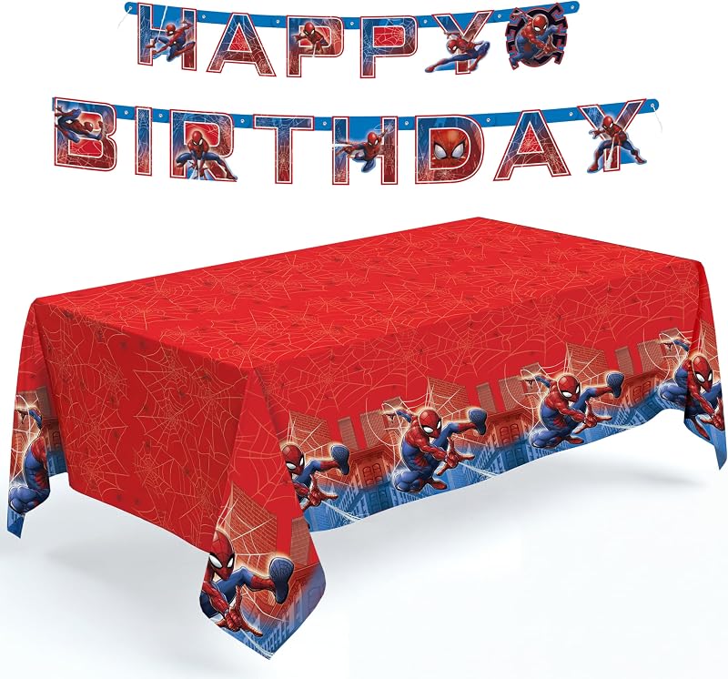 Mantel y pancarta de cumpleaños de Spiderman - Decoraciones de cumpleaños de Spiderman | Decoraciones y artículos para fiestas de Spider-Man, con licencia oficial