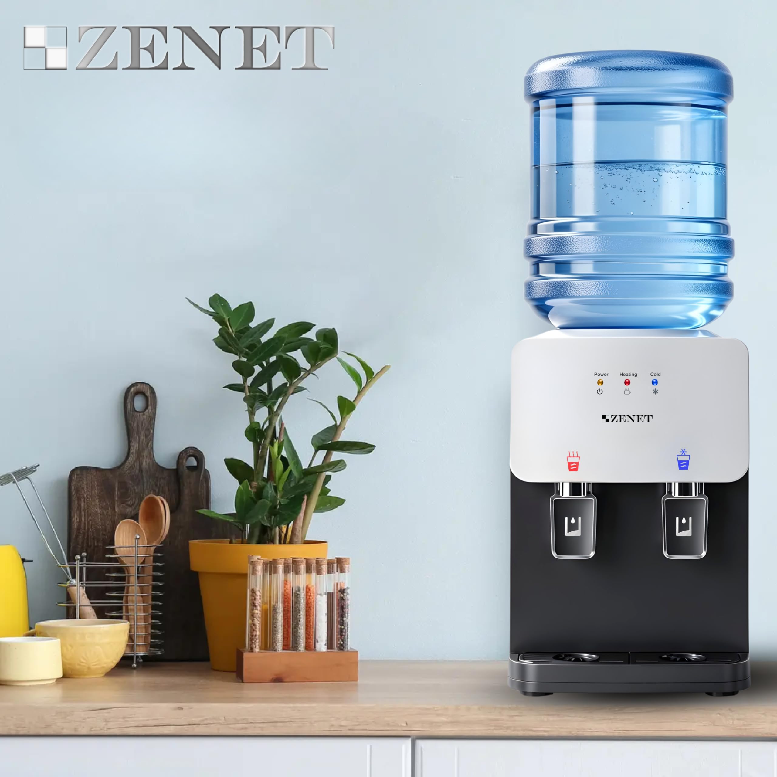ZENET Wasserspender, Elektrischer Heiß- & Kaltwasserspender (Schwarz/Weiß) | Wasserkühler für Zuhause, Küchen und Büro, Klein Tisch-Wasserautomat mit Kühlung, Ohne Wasseranschluss, 19-20L Gallonen