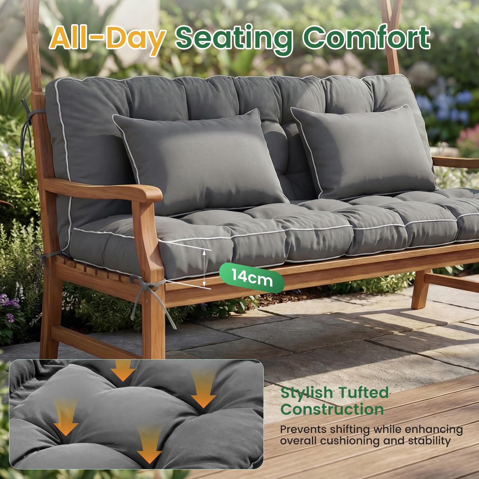 Bankauflage für Innen und Außen, 2-in-1 faltbares Design mit Kissen 111 x 160 x 14 cm, wasserabweisender sitzkissen, rutschfeste Gartenbankauflage mit Bändern für Hollywoodschaukel, Fensterbank (grau)