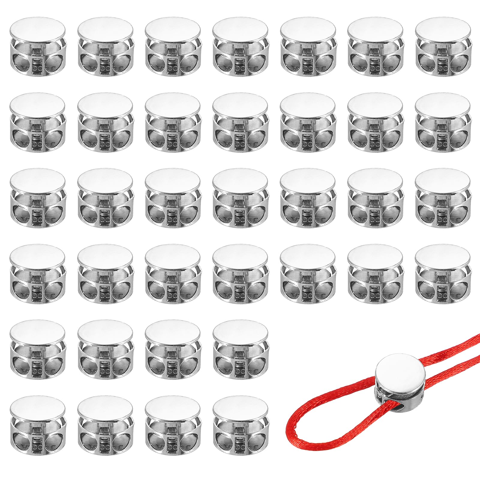 YELARXI Metal Cord Locks, Double Hole Draw String Spring Stopper Fastener Round Slider Toggles End 0.6" & 36 Pcs & Silver -Fitting for (Drawstrings/Shoelaces/Backpack/Clothing/Lanyard)