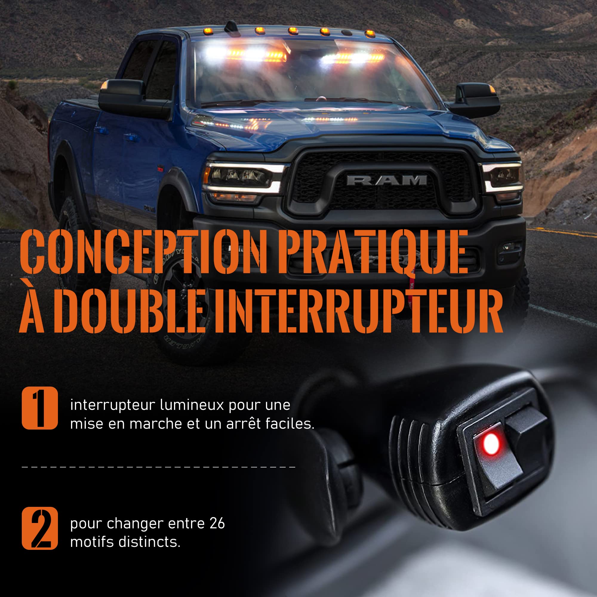 Dinfu 2pcs LED Gyrophare Orange Stroboscopique Lumière orange + blanc balise intérieure barre lumineuse clignotante Traffic Advisor lumière stroboscopique avec 26 modèles de flashpour Camion Véhicule