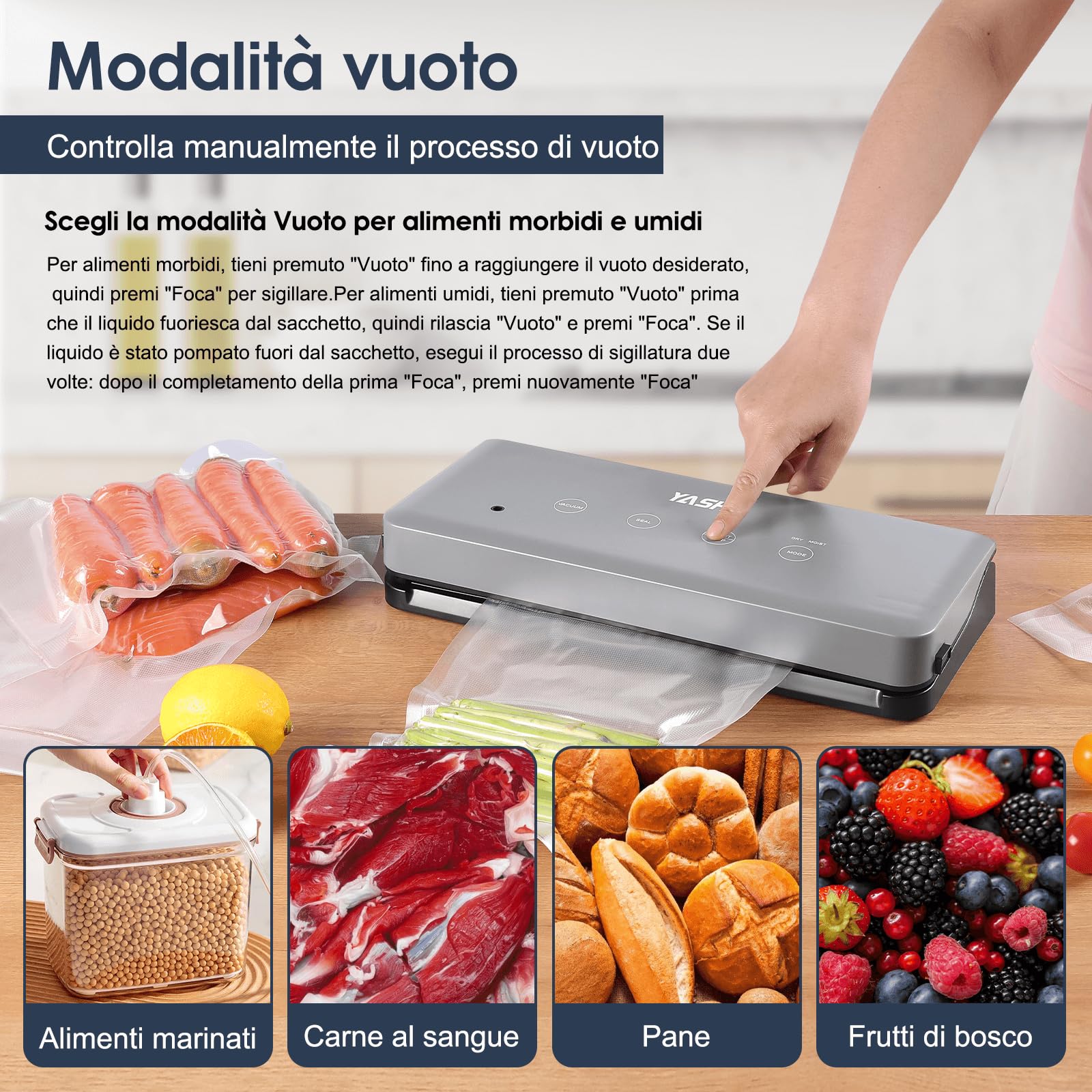 YASHE Macchina Sottovuoto Alimenti con Modalità Secco e Umido, Macchina Sottovuoto Multifunzione 5 in 1 Sigillatrice per Cottura Sous Vide e Conservare Carne, Pesce, Frutta e Verdura