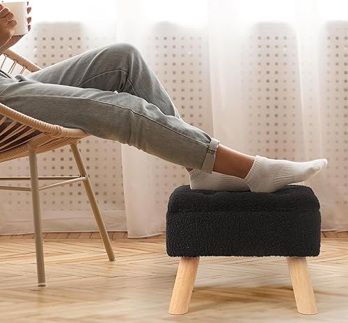 OGEMXU Otomana de almacenamiento, taburete pequeño otomano con almacenamiento, reposapiés de terciopelo Boucle Teddy con asiento acolchado, taburete