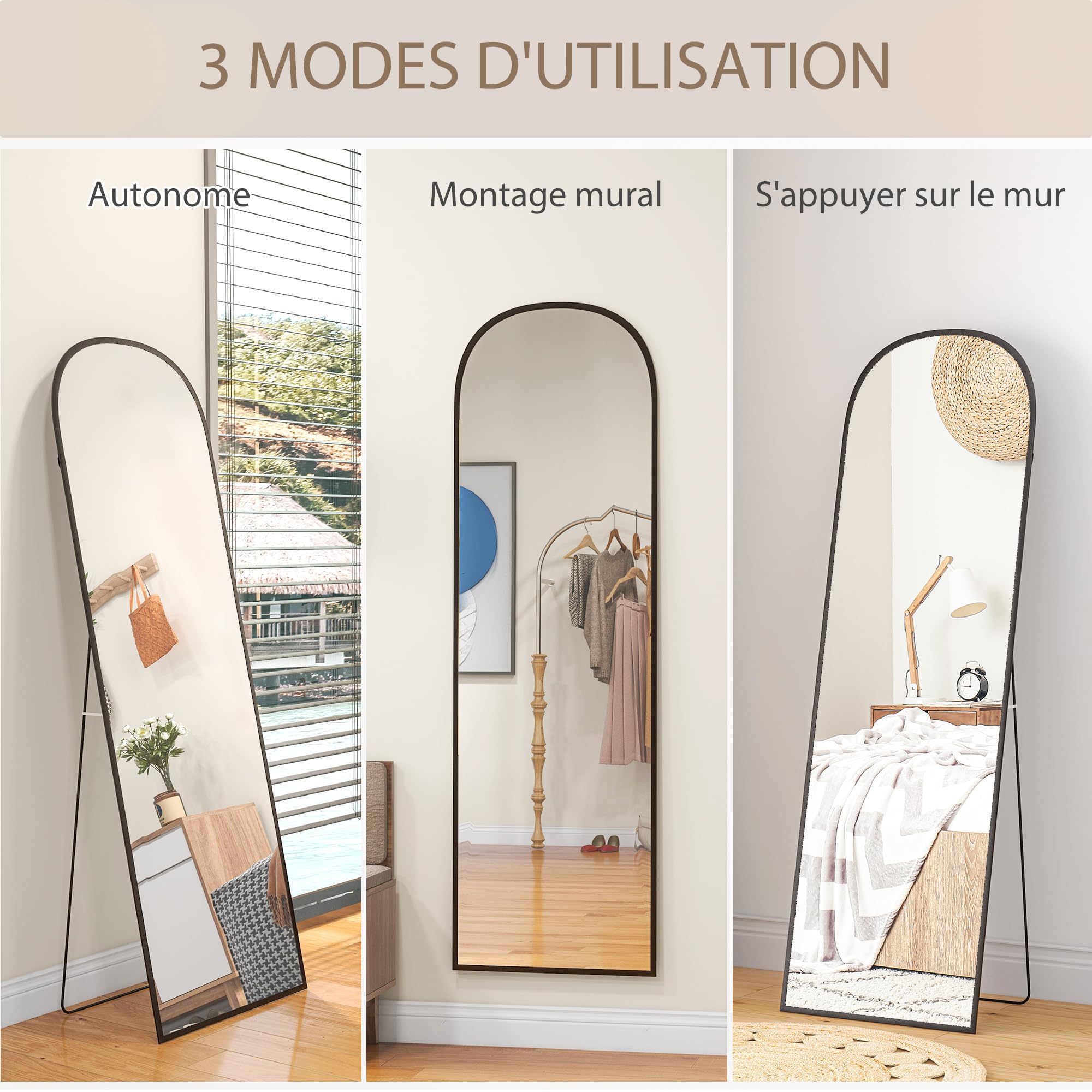 HOMCOM Miroir sur Pied Mural Rectangulaire Cadre Aluminium 50 x 161,5 cm Noir