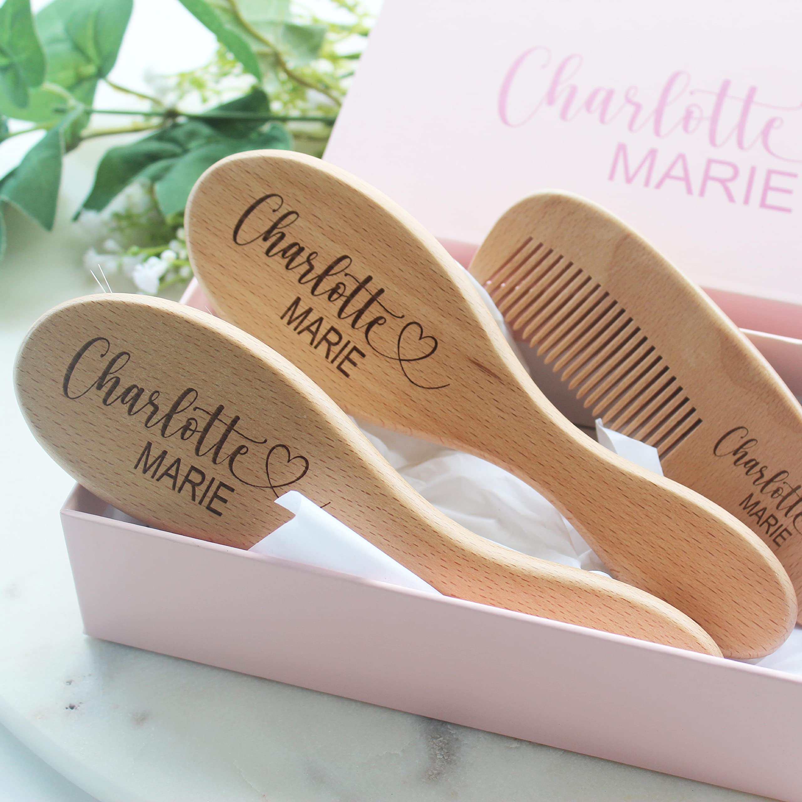 Set di spazzole per bambini | Spazzola in legno personalizzata | Accessori essenziali per neonata | 3 pezzi