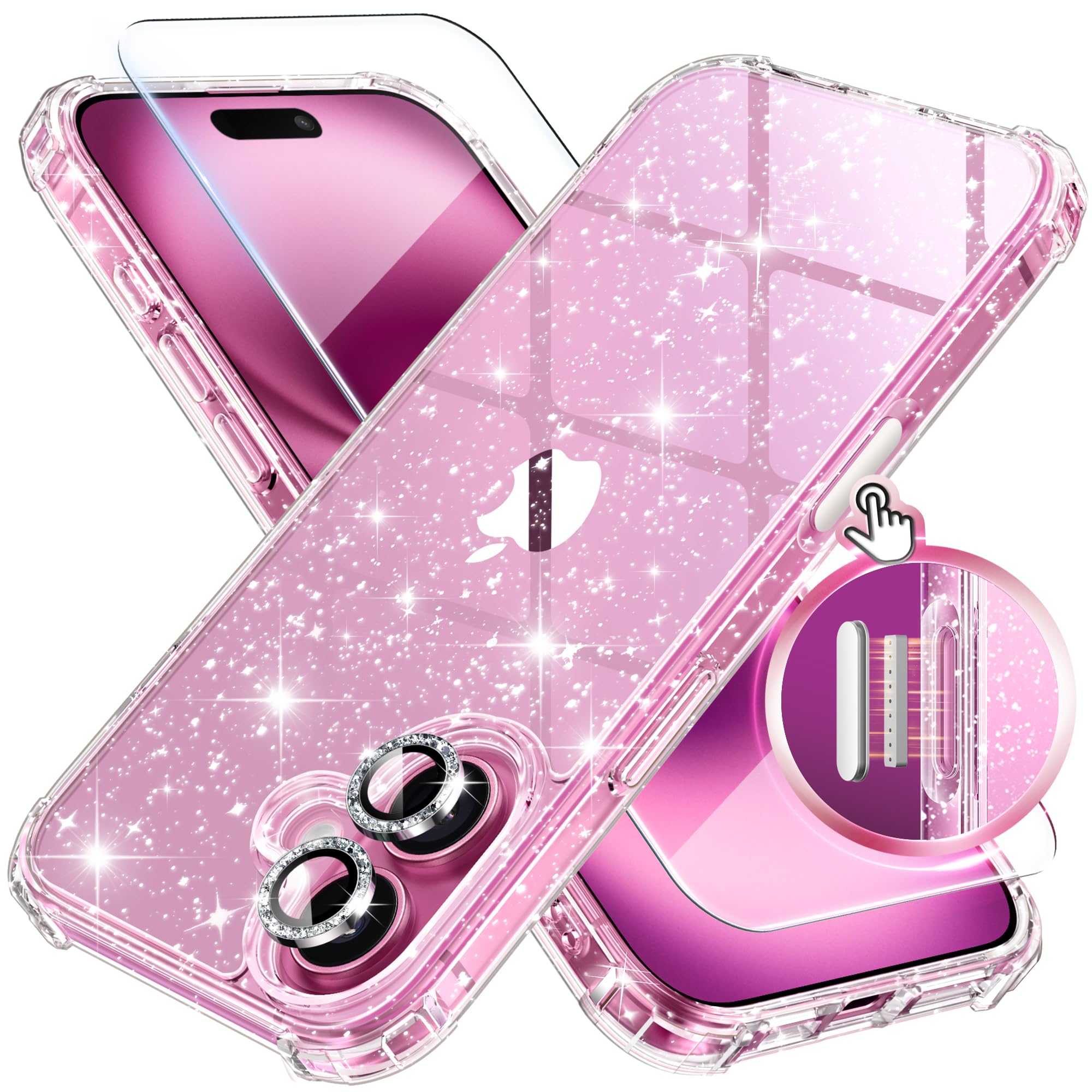 BERFY for iPhone 16 Case Glitter, with 9H Tempered Screen Protector + 2X Diamond Camera Lens Protectors, [Non-Yellowing] Women Clear Sparkly Cute