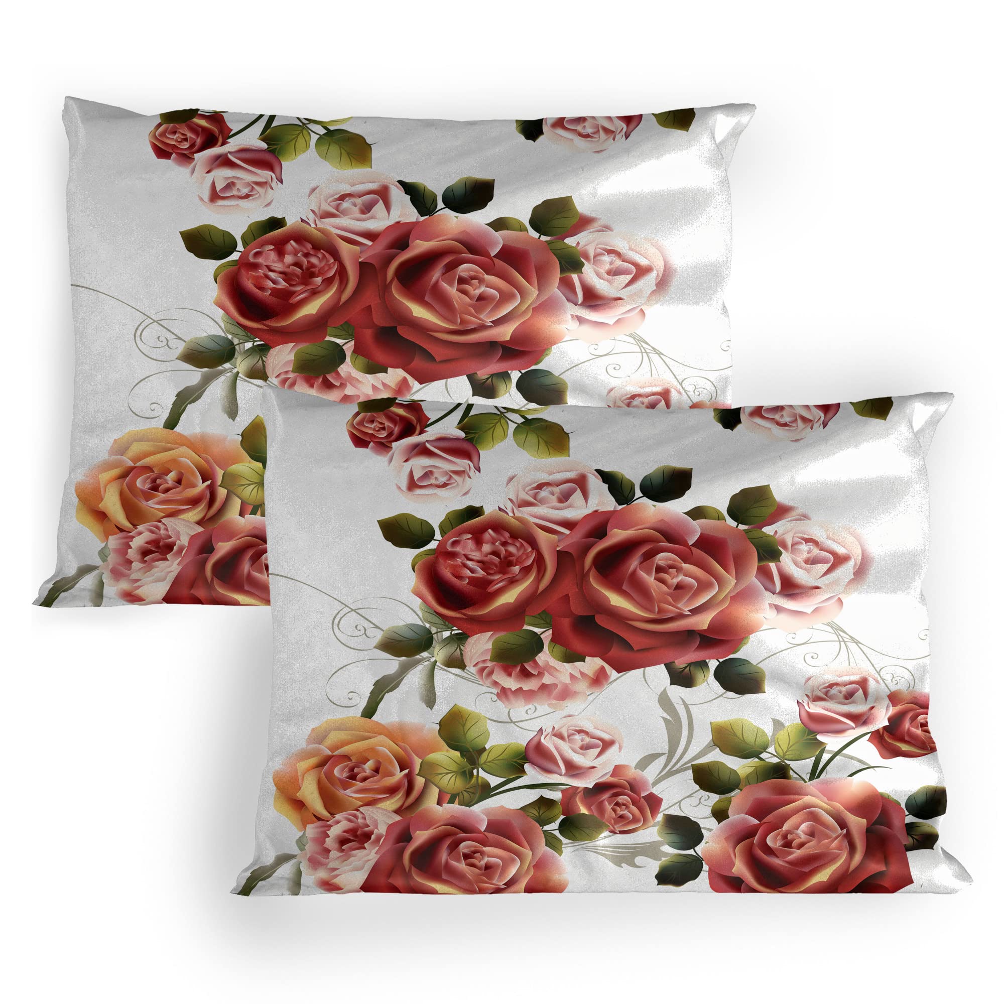Lunarable Shabby Flora Pillow Sham Set of 2, Rose Pedals and Ivy Plant with Big Flowers with Romantic Leaf Image, Quality Microfiber Bedding Item for All Seasons, 26