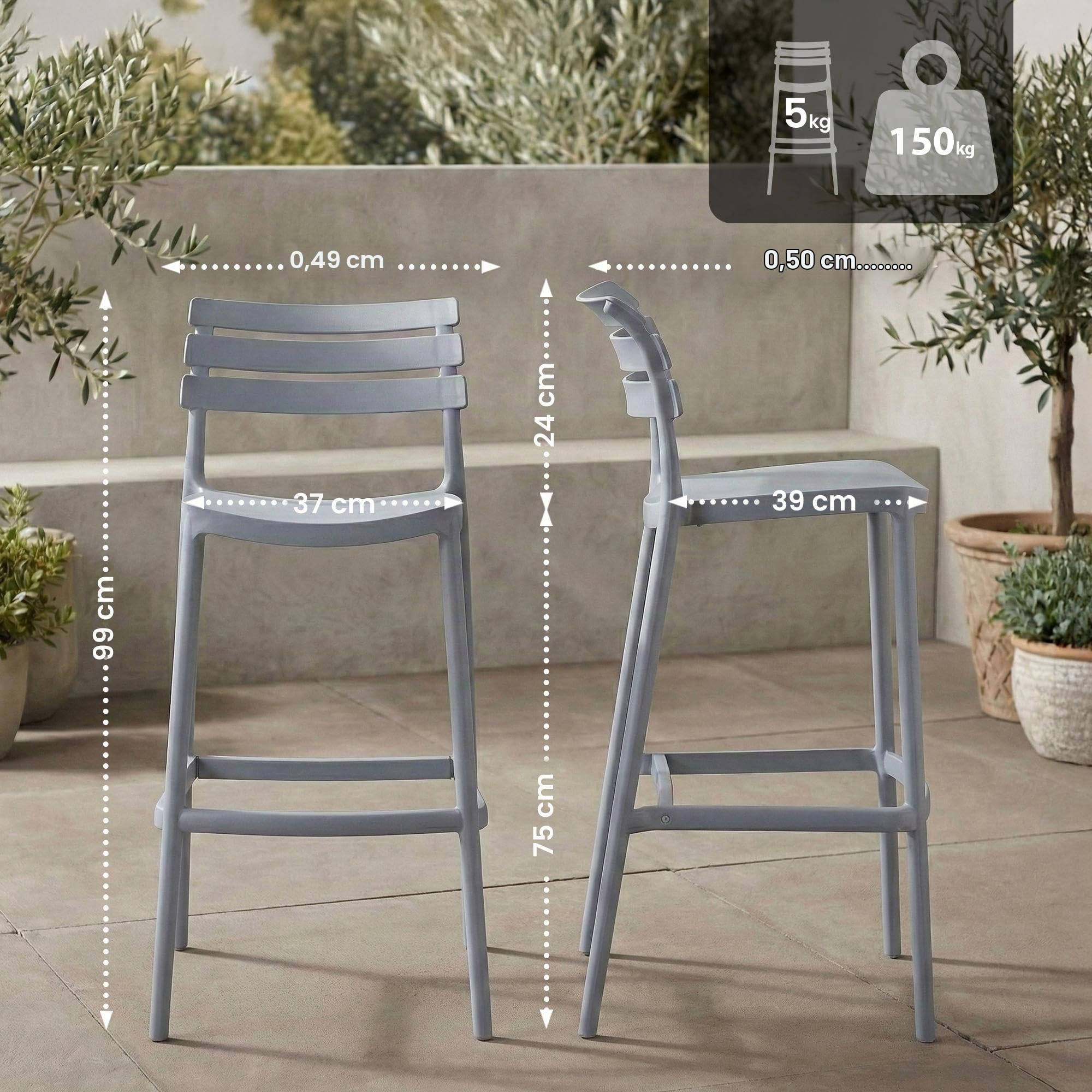 CLP Taburete de Bar con Respaldo Rafan, Taburete Alto de Exterior de plastico Resistente al Clima y a los Rayos UV, hasta 150 kg Color:Gris