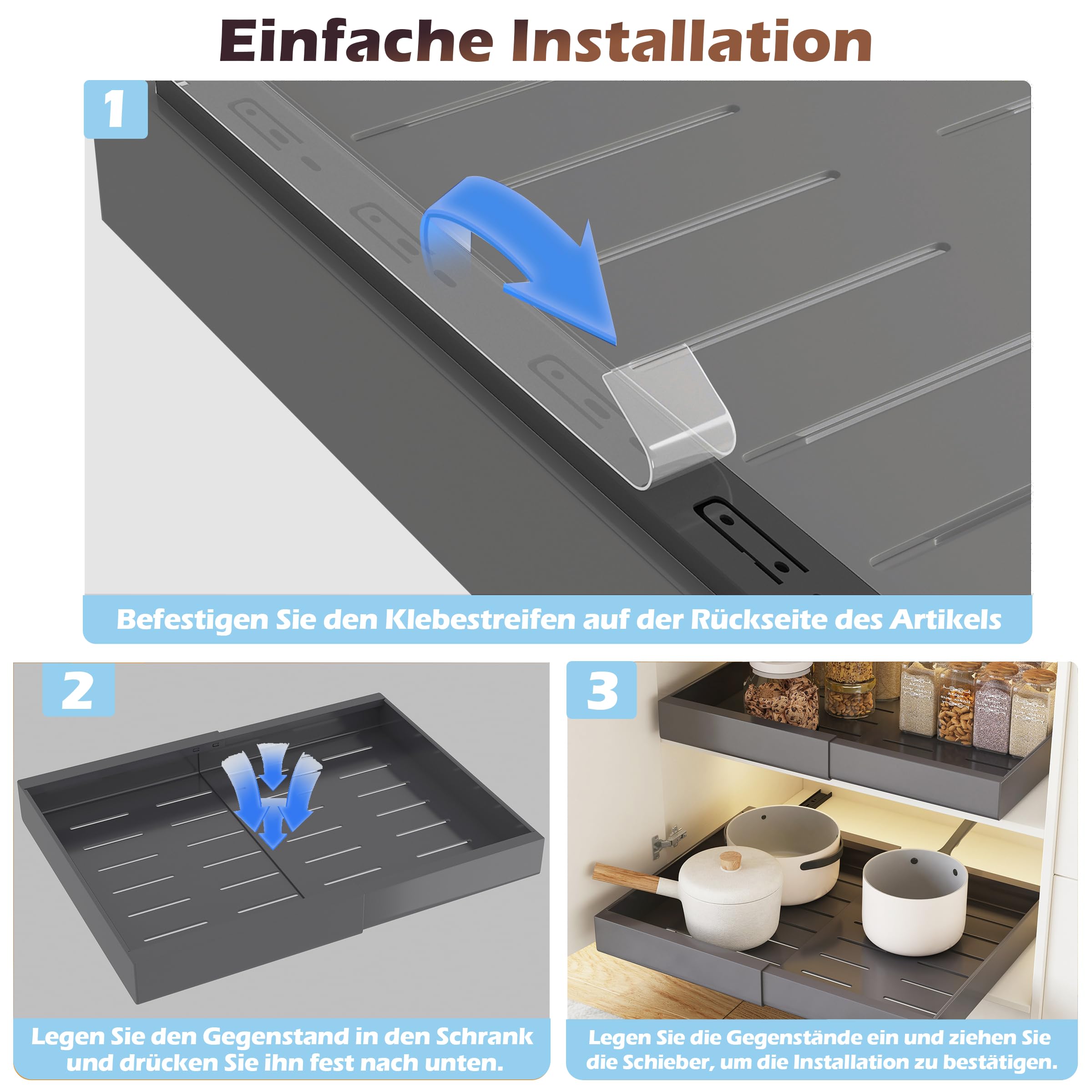 COVAODQ Teleskopschublade,Ausziehbare Schublade Küche,Erweiterbar Ausziehbare Schubladen,Die Breite kann von 31.5 cm auf 52 cm erweitert Werden,1 Stück Grau