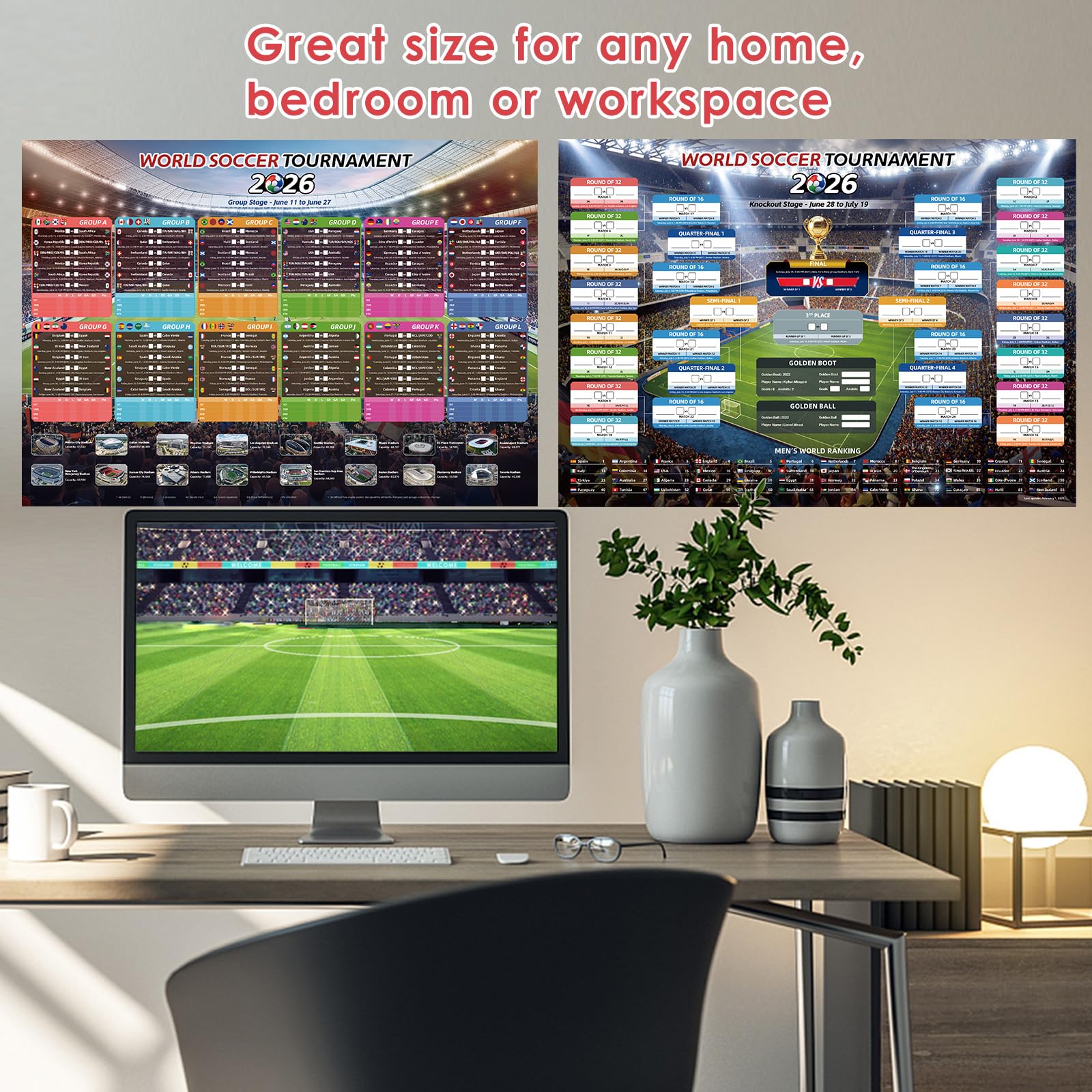 AhfuLife Soccer Schedule Poster 2026, A2 Size-23.3" x 16.5", 2 Pcs Match 2026 Calendar Wall Chart Decorations, Soccer Tournament Wallchart for Fans Home Office Bar Party Decor — view 6