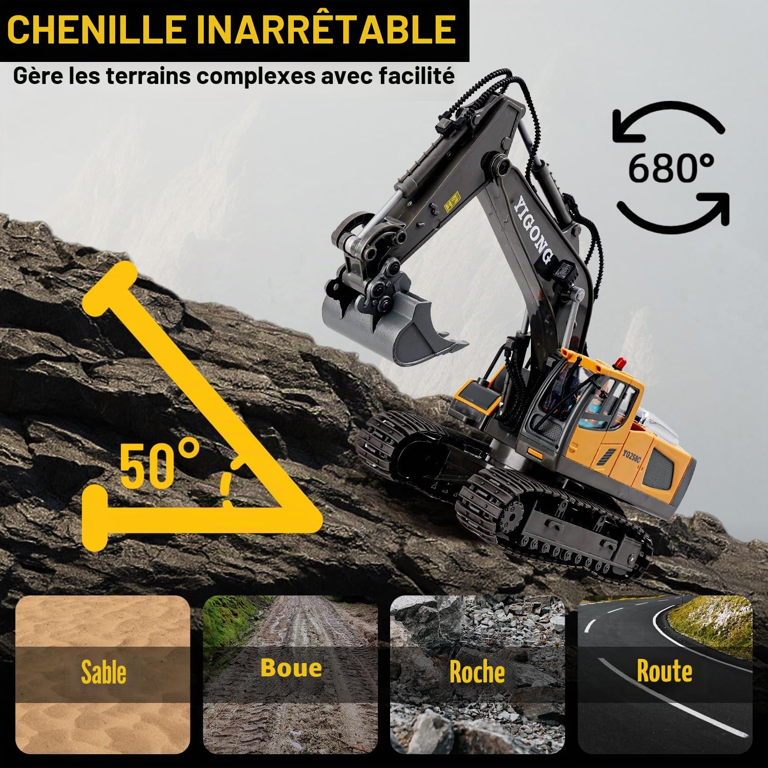 Excavatrice télécommandée à partir de 6 Ans, Jouet d'excavatrice RC Pelle en métal, Rotation à 680 °, lumière et Effets sonores, Jouet Digger Enfants 7 8 9 10 11 12 Ans
