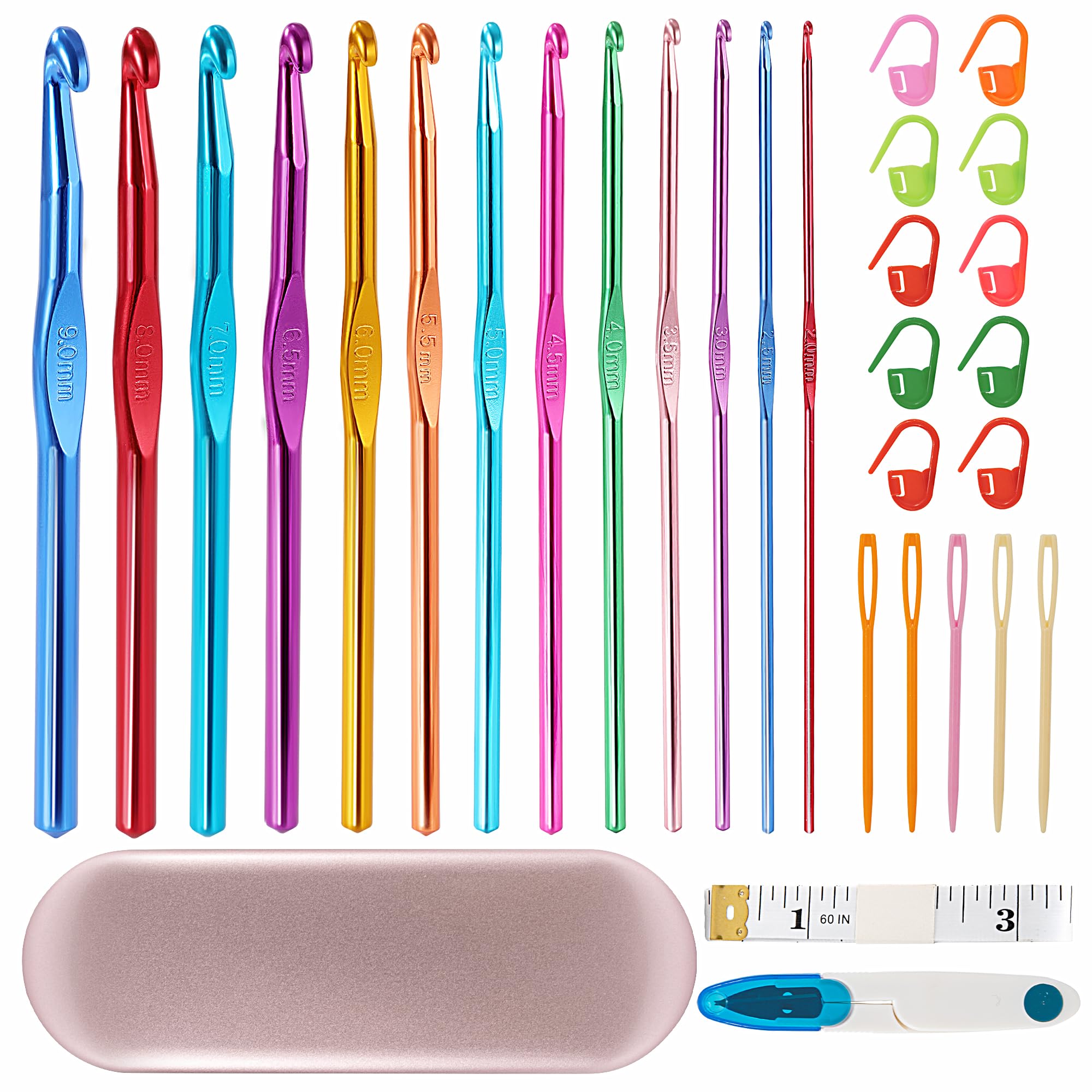 Juego De Agujas De Ganchillo Con Mangos Blandos - 5 Tamaños (2.0 A 6.0 Mm), Incluye Marcadores De Puntos - Ideal Para Principiantes Y Expertos