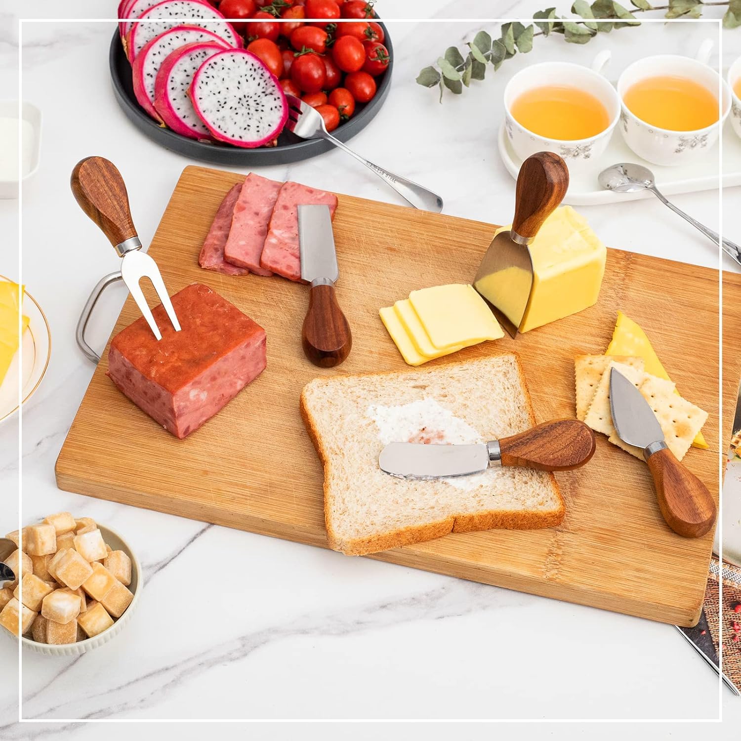 Juego de 14 cuchillos esparcidores de mantequilla de queso, de acero inoxidable, cuchillo de mantequilla con mango de madera, mini pinzas para servir, cuchara y tenedor para queso, mermelada