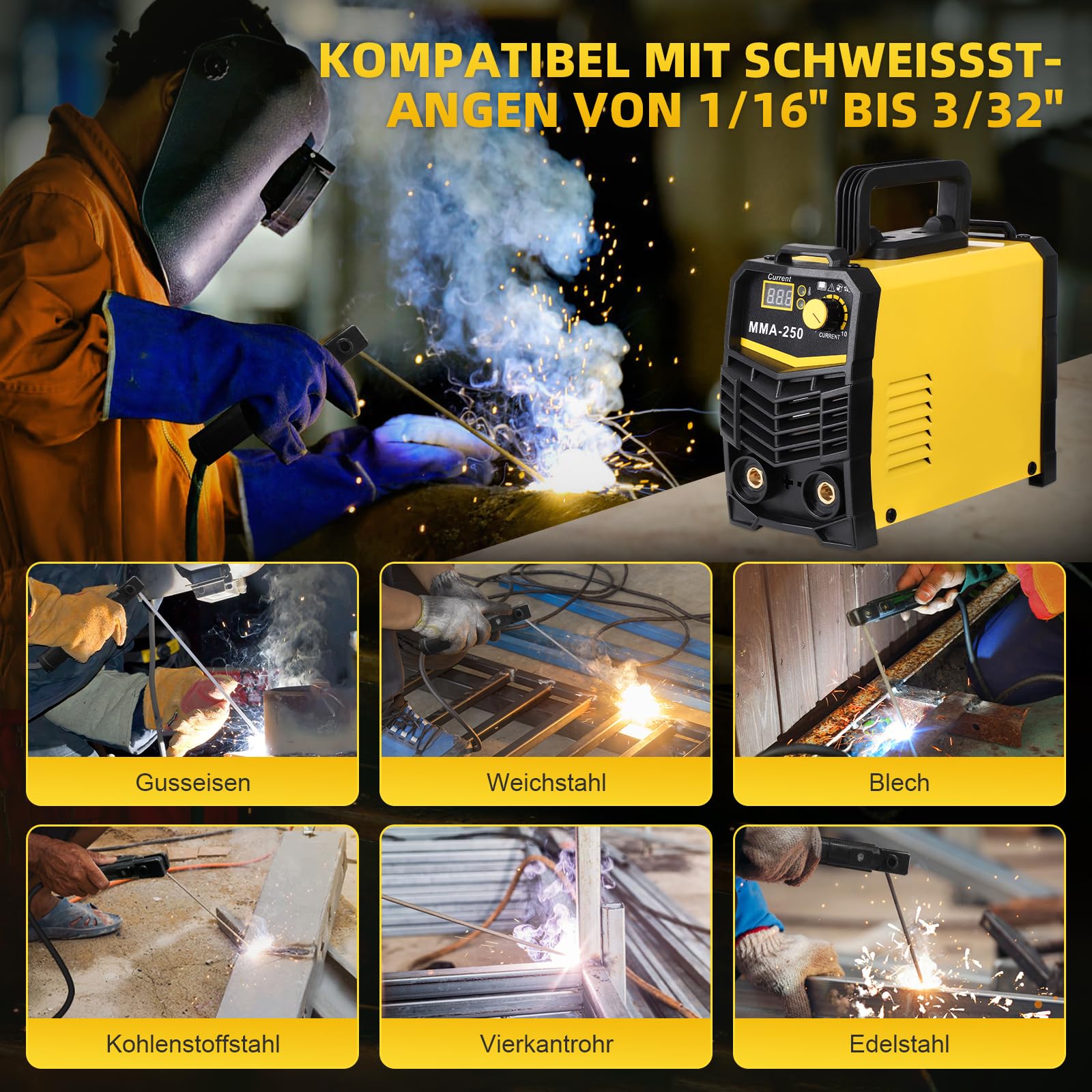 MMA Elektrodenschweißgerät 250A,IGBT Inverter E-Hand Schweißgerät,Mini Elektroden Schweißgerät, einstellbare Leistung,eingebaute Belüftung,Arc Force und Anti-Stick-Funktionen mit Arbeitsklemme