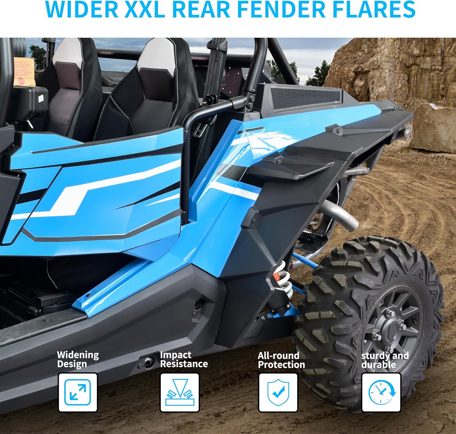 XXL Wider Rear Fender Flares for Polaris RZR XP XP4 1000, Rear Left & Right XXL Extended Mud Guards Extension Mud Flaps for 2014-2023 Polaris RZR XP XP4 1000 Accessories (4PCS)