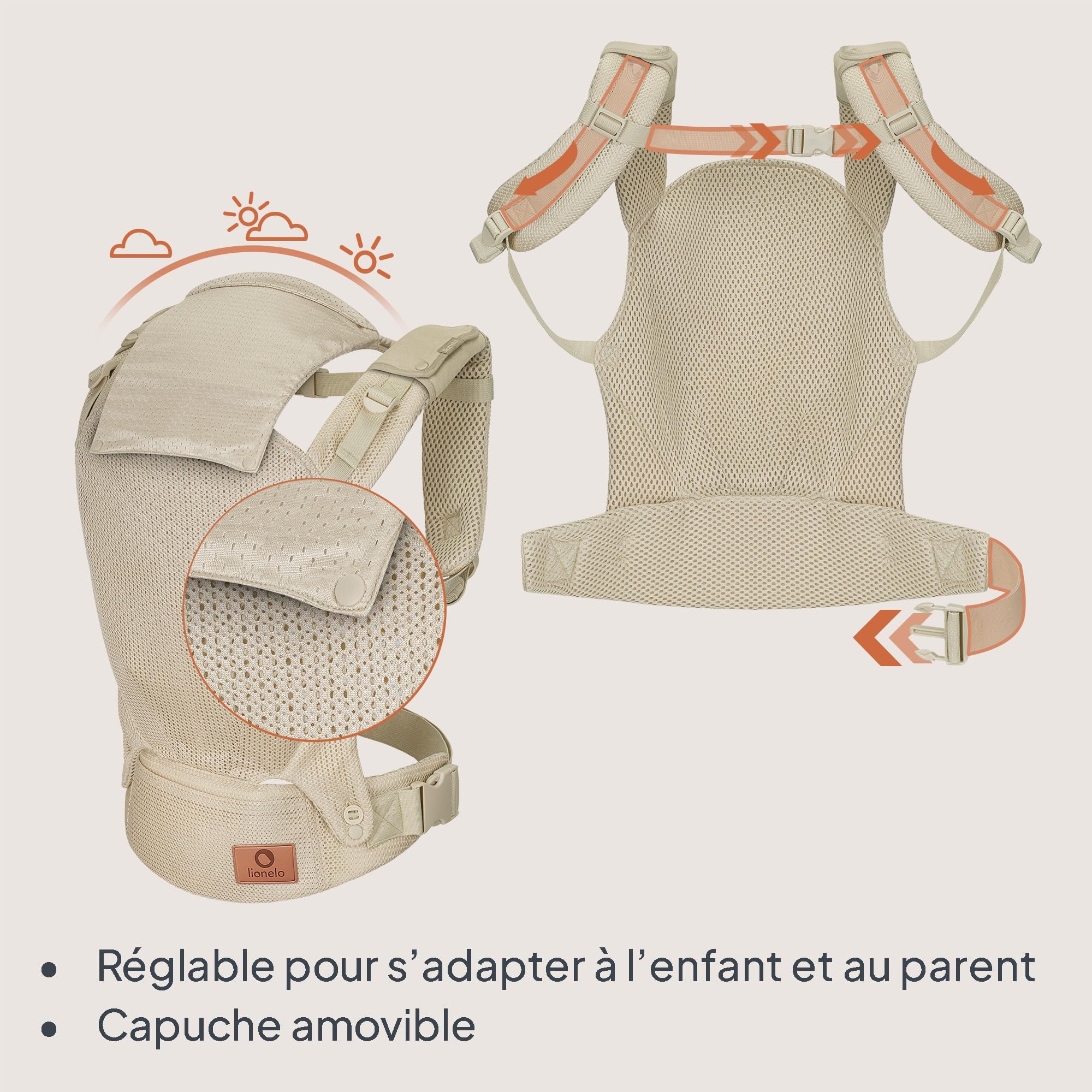 Lionelo Margareet Air Porte-Bébé Ergonomique, Respirant, dès 4 Mois, Beige | Jusqu’à 20 kg, 3 positions de portage, panneau évolutif, double sécurité, séchage rapide et capuche amovible