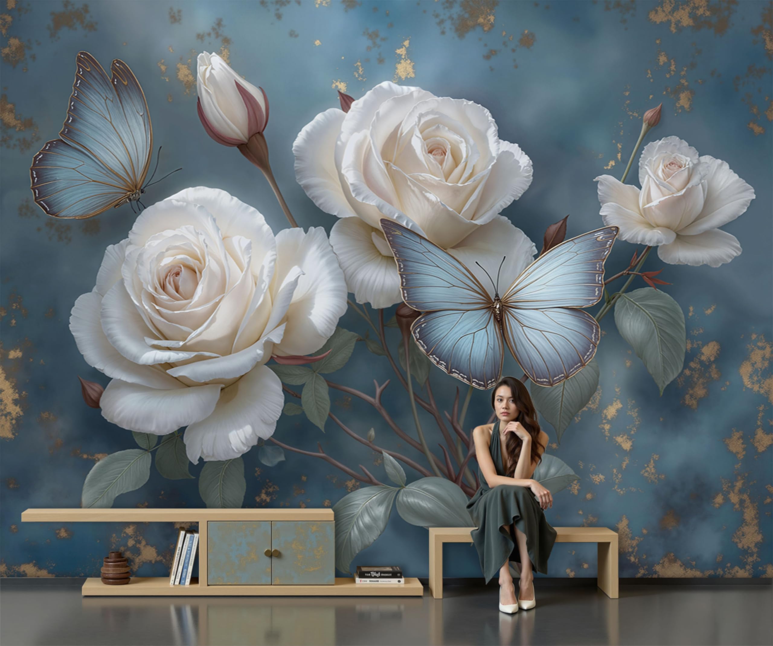 Papier peint panoramique floral bleu rose blanche papillon salon moderne XXL