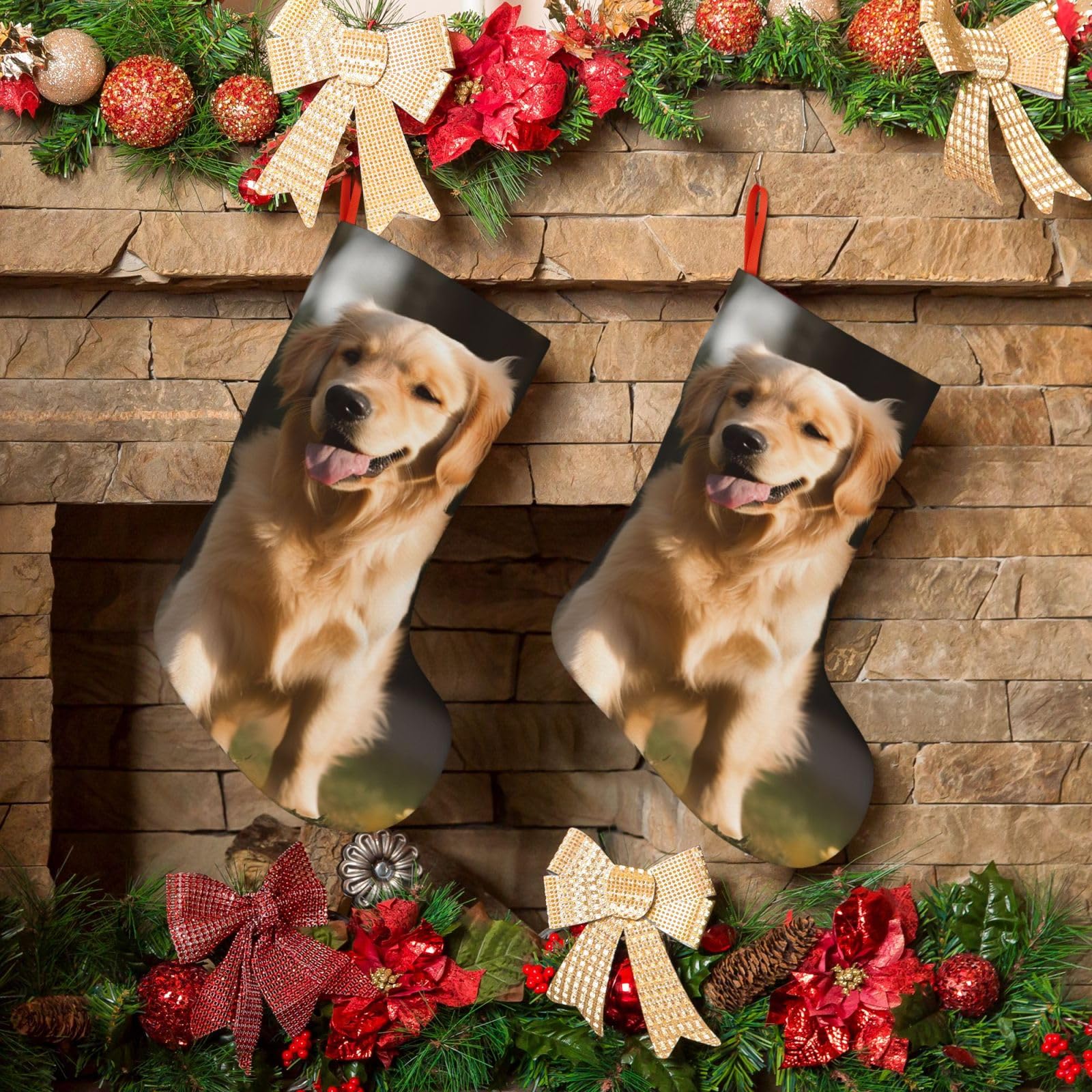 KLOPH Christmas Stockings 18" Personalized Xmas Stocking Golden Retriever Dog Decoration Stocking Hanging Fireplace Stocking for Holiday Xmas Tree Christmas Fireplace Decor