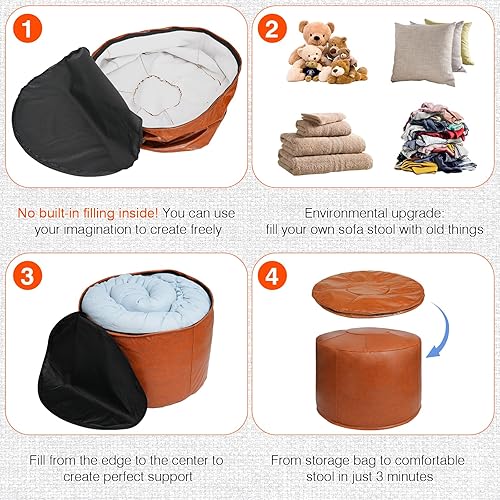 Miniatura 7 de Funda para puf otomano sin relleno de 20 x 15 pulgadas, taburete redondo de piel sintética, puf (sin relleno), reposapiés con almacenamiento para
