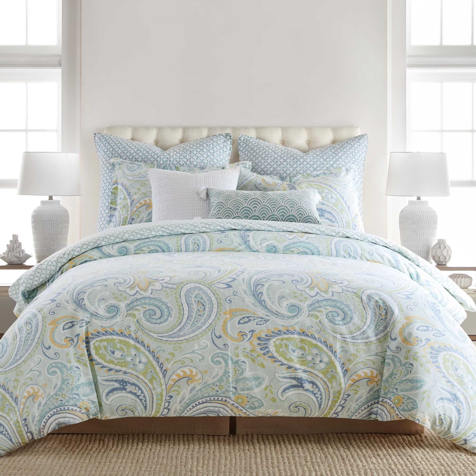Levtex Home - Cortona Paisley Duvet Cover Set - Full/Queen Duvet Cover (90 x 94in.)+ Two Standard Pillow Cases (26 x 20in.) - Paisley - Green, Yellow,