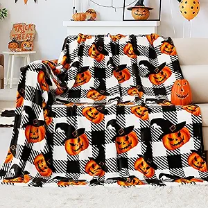 Touchat Halloween Blanket, Fleece Throw Blankets, Buffalo Plaid Throw Blanket for Couch Sofa Bed, Soft Warm Fuzzy Cozy Plush Checkered Blanket, Farmhouse Fall Decor, Black