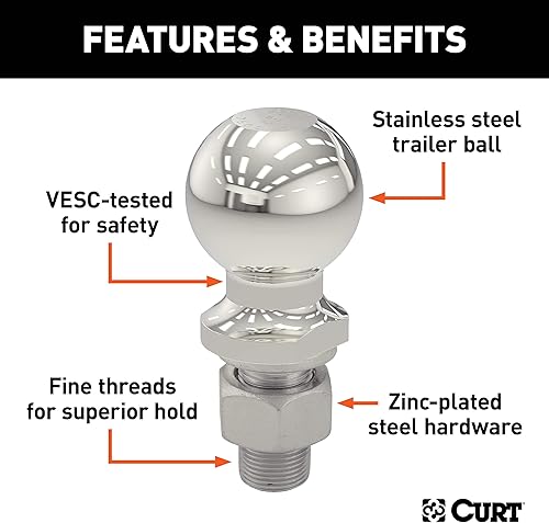 Miniatura 3 de CURT Bola de enganche de remolque de acero inoxidable 40055, 15,000 libras, 2-5/16 pulgadas de diámetro, vástago de 1-1/4 x 2-5/8 pulgadas