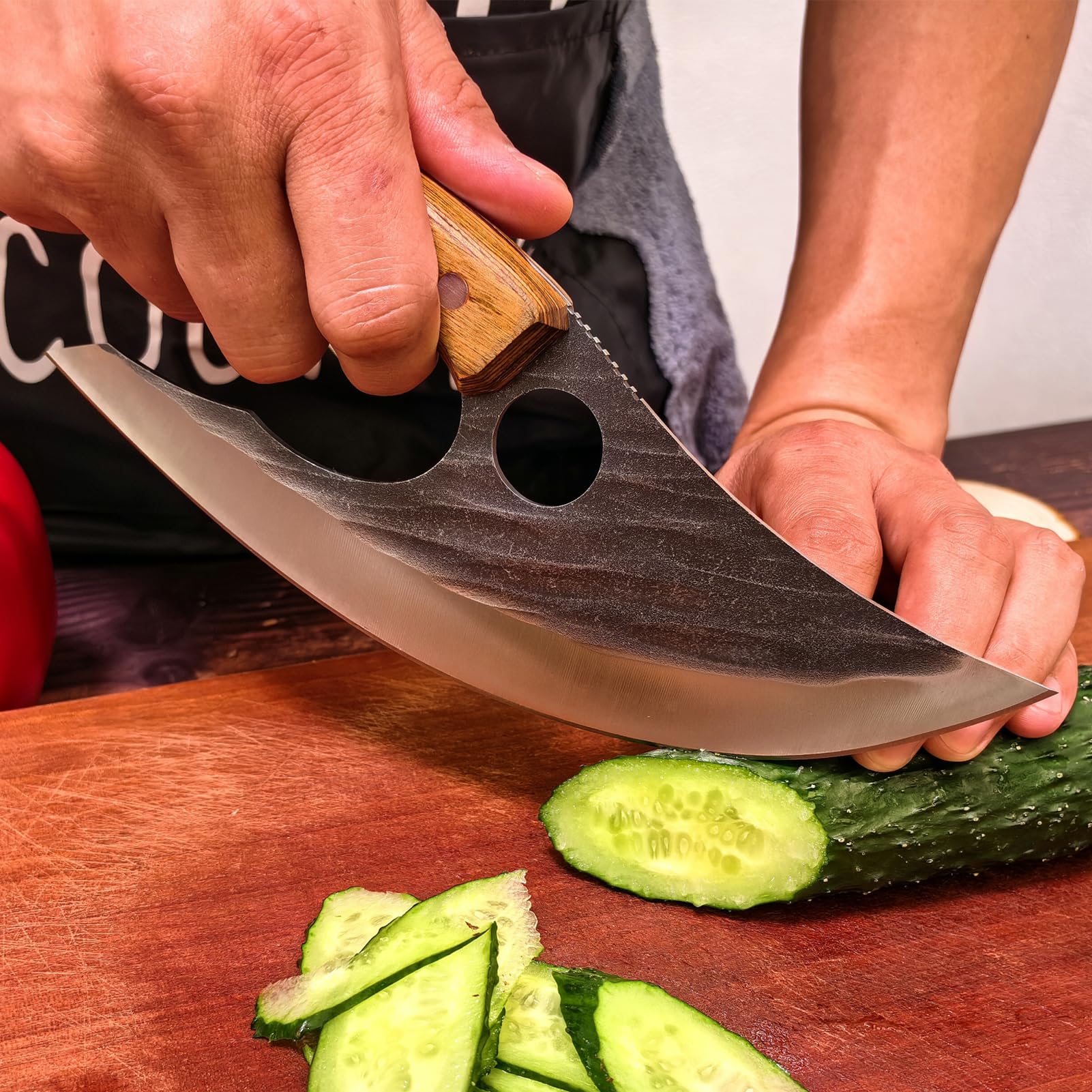 maison et en plein air couteau de cuisine Ulu Style Chef couteaux forgé à la main Cuisine Full Tang High Carbon Steel Effortless couteau avec étui en cuir