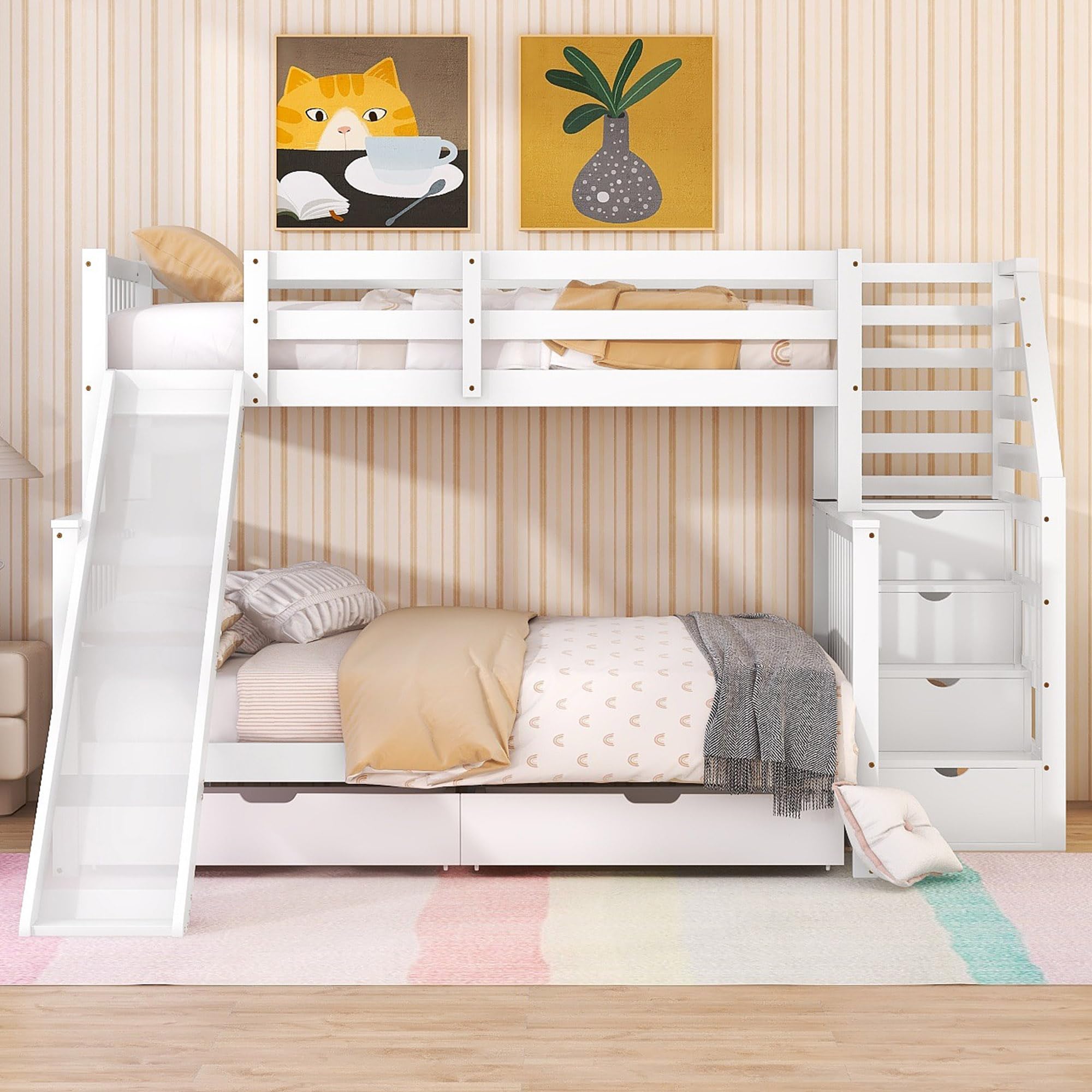 Moimhear Litera infantil con cajones, espacio de almacenamiento y tobogán, 90 x 200 cm y 140 x 200 cm, color blanco (WX000308AAK)