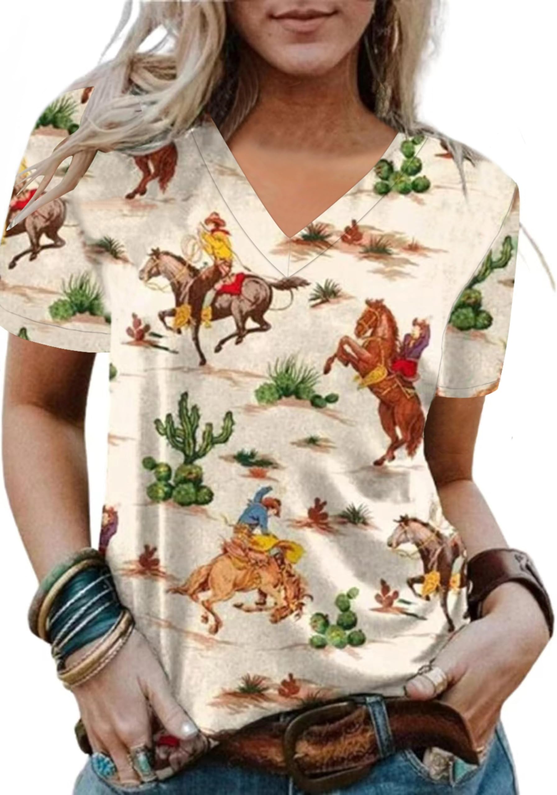 TOAOSET Women's Western Shirt Casual Cactus V-Neck T-Shirt Cowgirl Western Pattern Short Sleeve Loose Ladies Western Tops